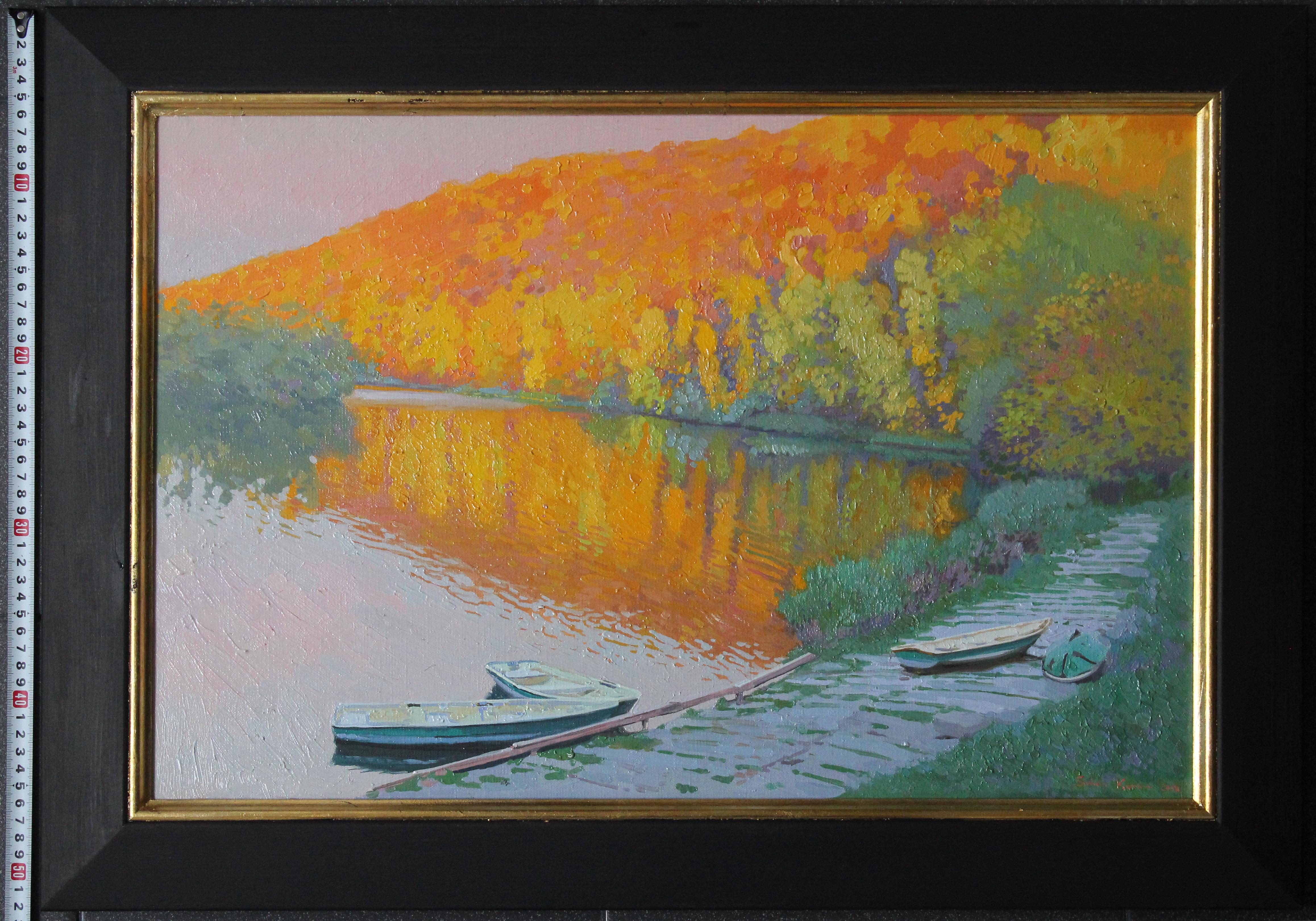 Sunset Landscape Forest and Water with Boats, Krasivaya mecha river painting 5