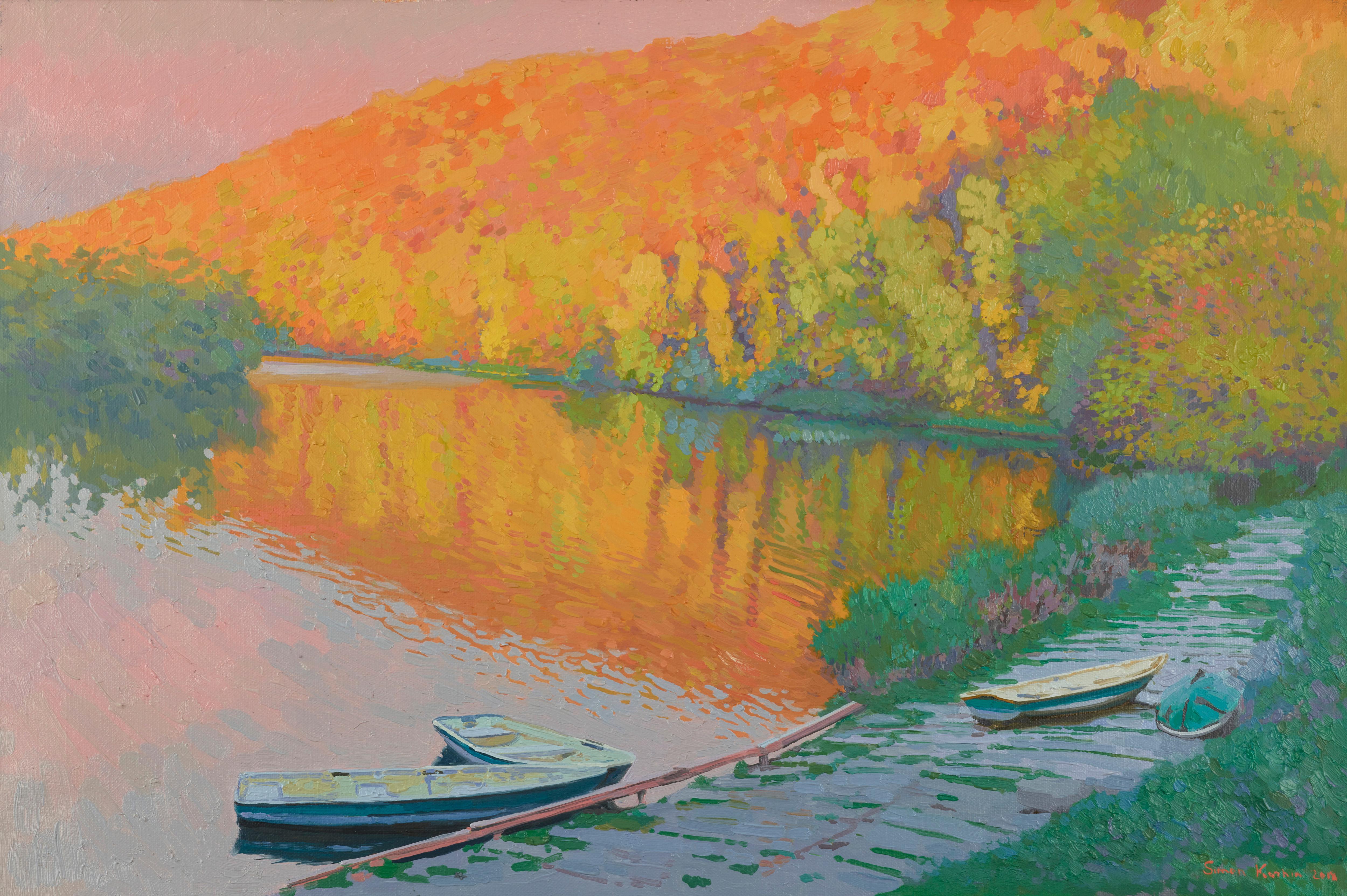 Simon Kozhin Landscape Painting - Sunset Landscape Forest and Water with Boats, Krasivaya mecha river painting