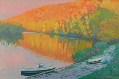Sunset Landscape Forest and Water with Boats, Krasivaya mecha river painting