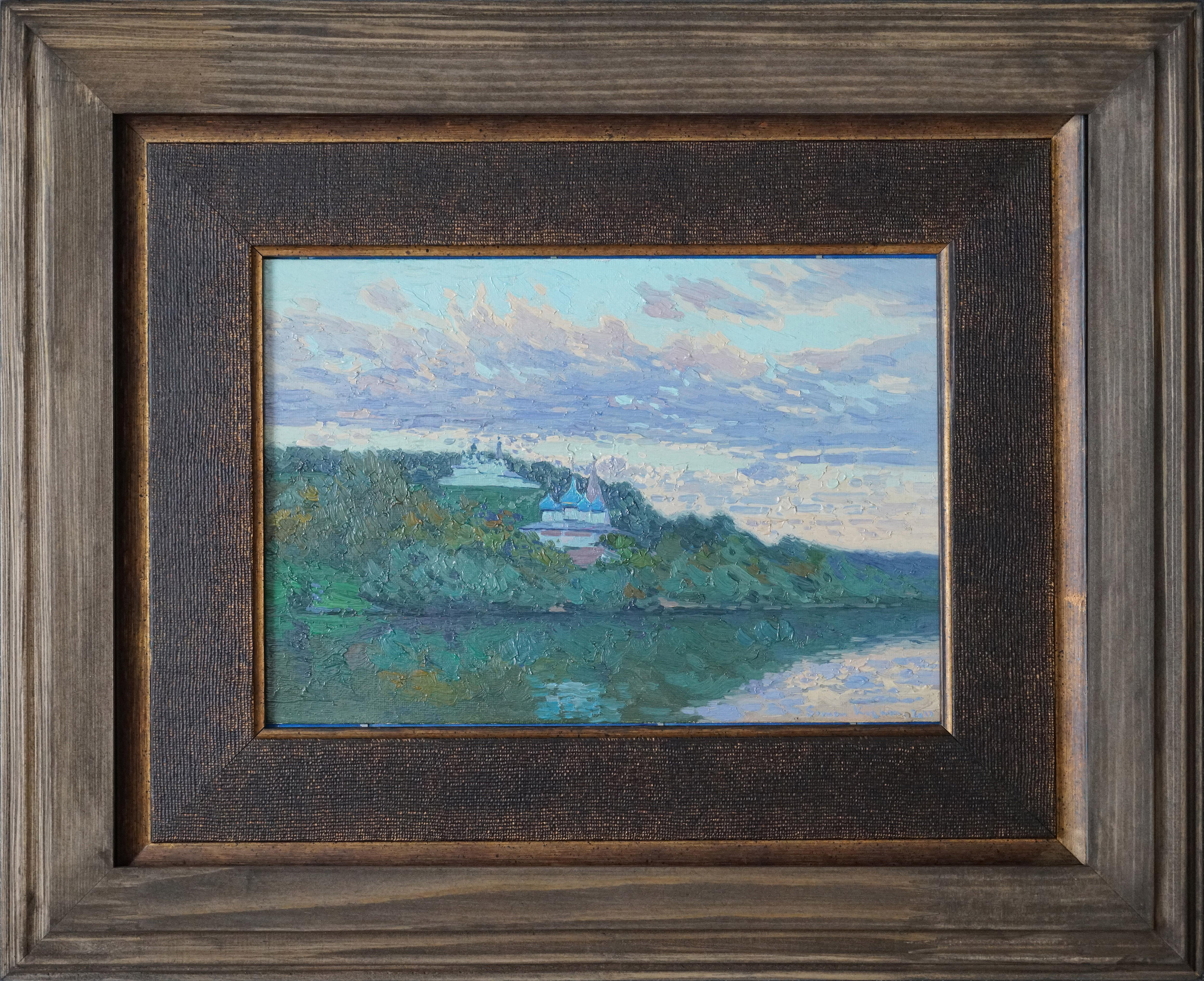 Peinture de paysage impressionniste coucher de soleil sur la rivière Klyazma. Plein air. Nuages en vente 6