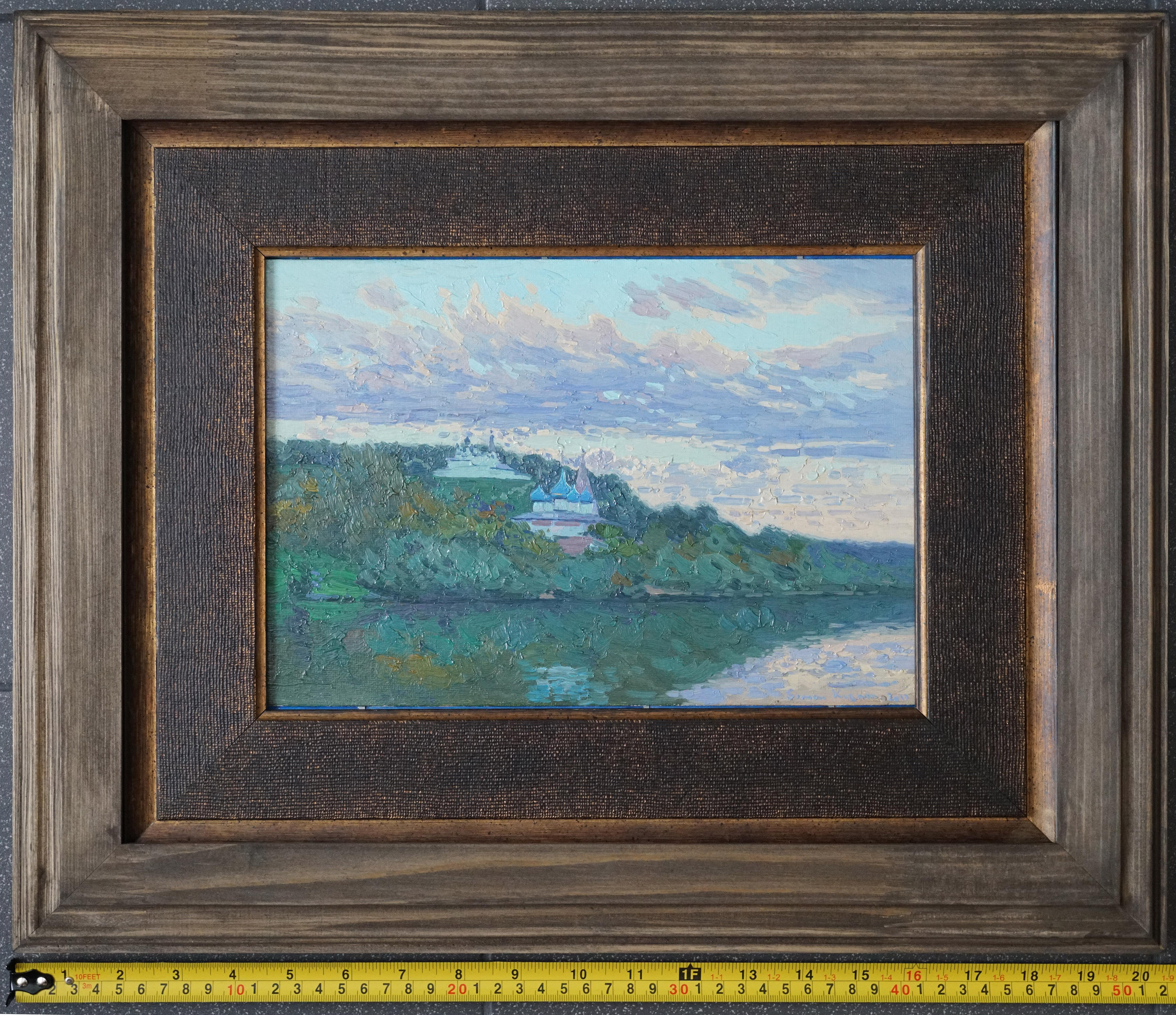 Peinture de paysage impressionniste coucher de soleil sur la rivière Klyazma. Plein air. Nuages en vente 8