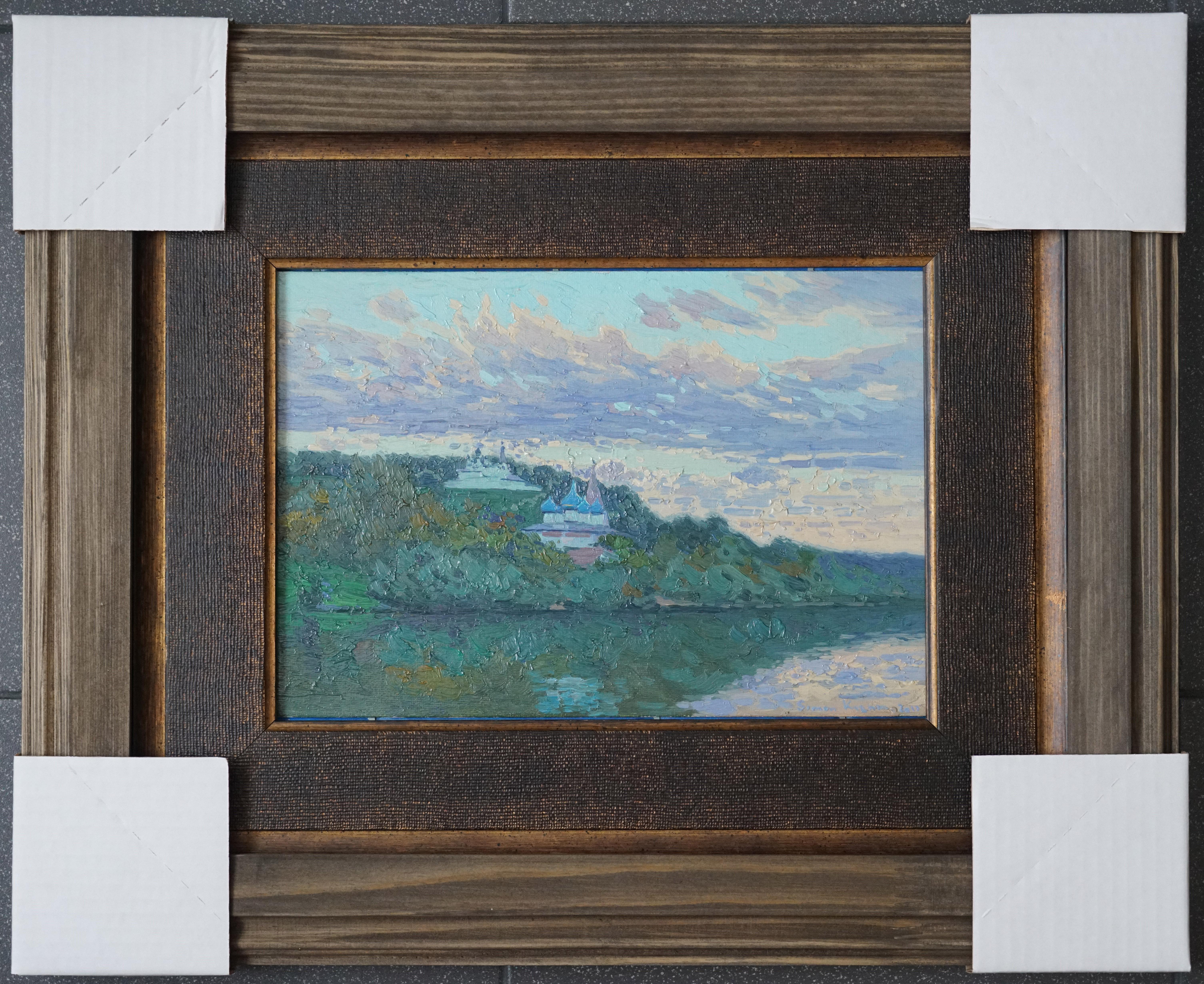 Peinture de paysage impressionniste coucher de soleil sur la rivière Klyazma. Plein air. Nuages en vente 13