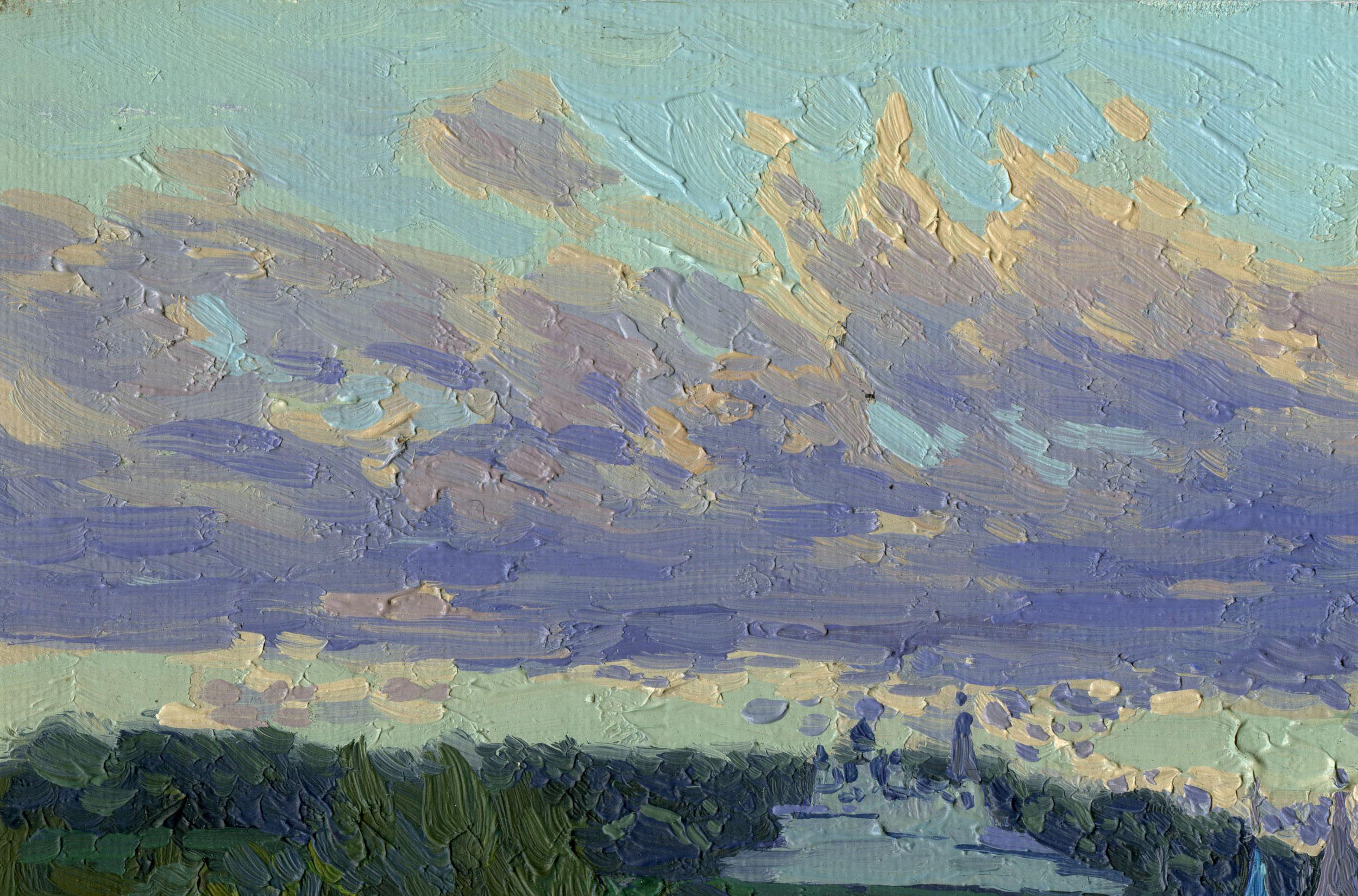 Peinture de paysage impressionniste coucher de soleil sur la rivière Klyazma. Plein air. Nuages - Painting de Simon Kozhin
