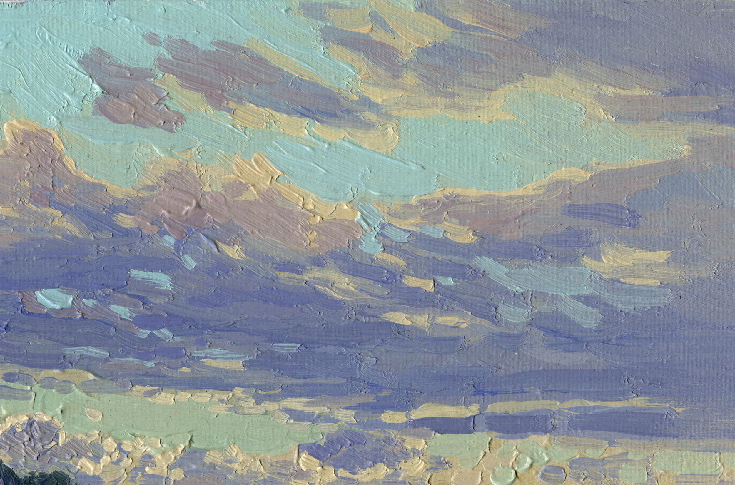Peinture de paysage impressionniste coucher de soleil sur la rivière Klyazma. Plein air. Nuages - Impressionnisme Painting par Simon Kozhin