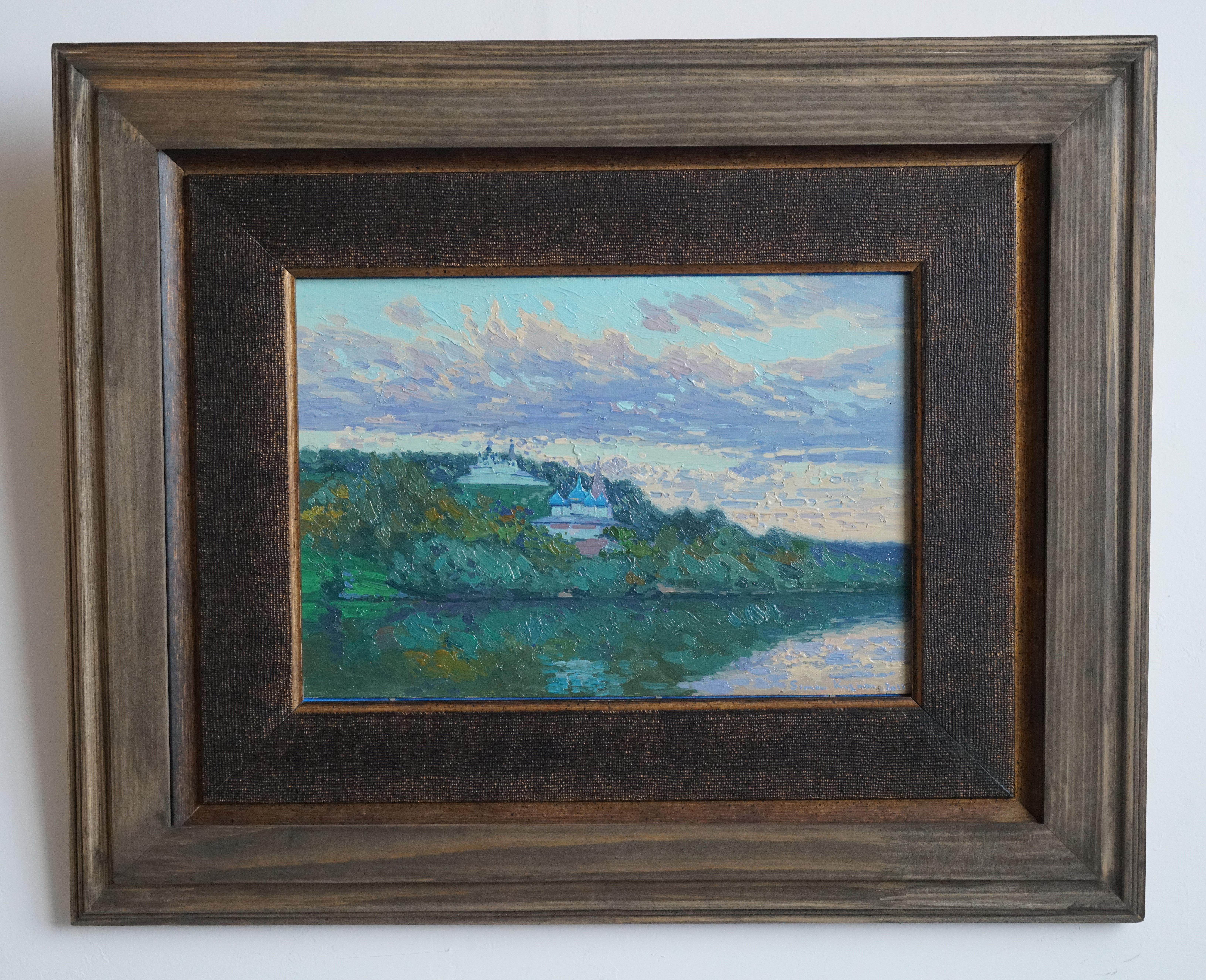 Peinture de paysage impressionniste coucher de soleil sur la rivière Klyazma. Plein air. Nuages en vente 1