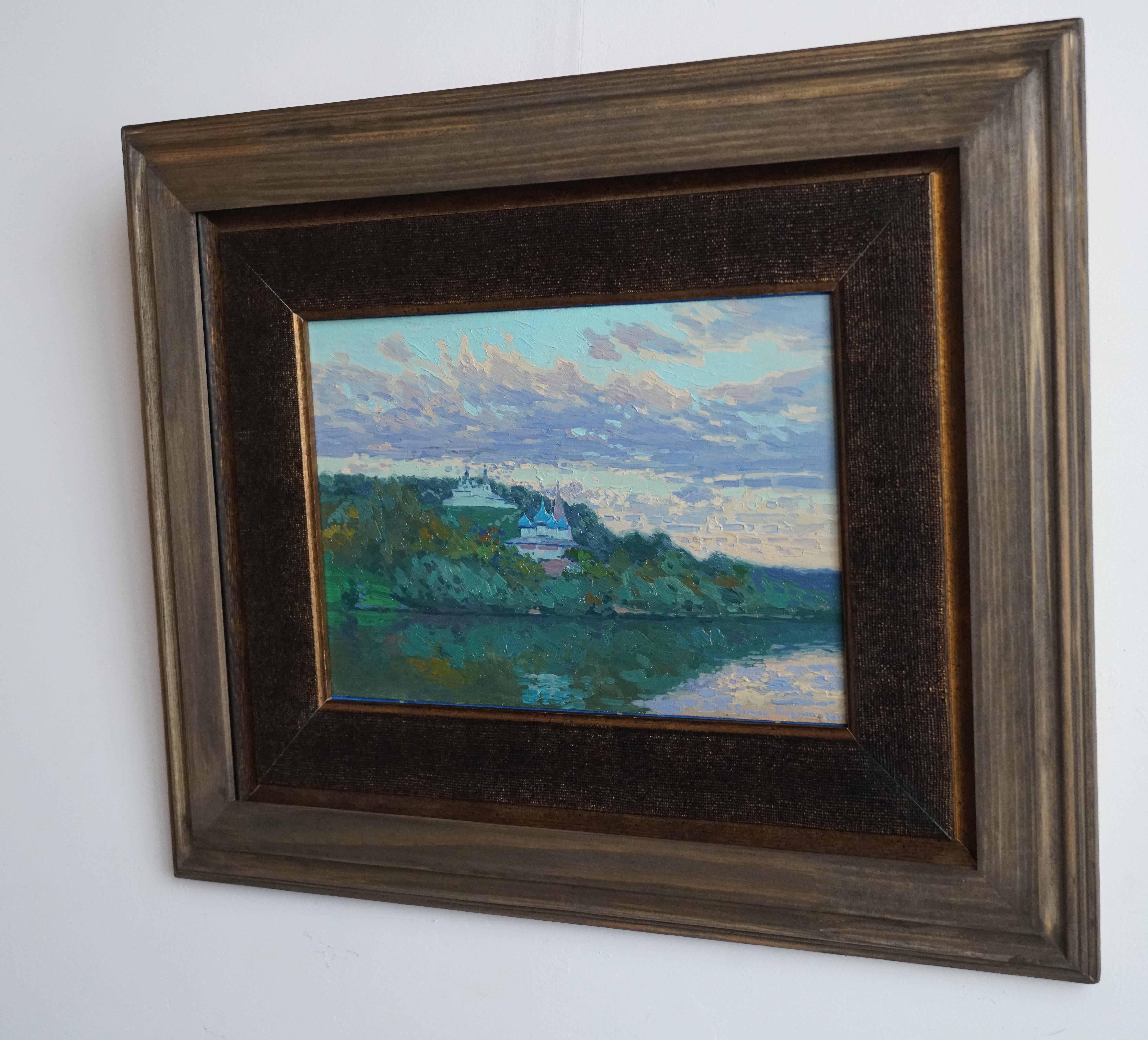 Peinture de paysage impressionniste coucher de soleil sur la rivière Klyazma. Plein air. Nuages en vente 3