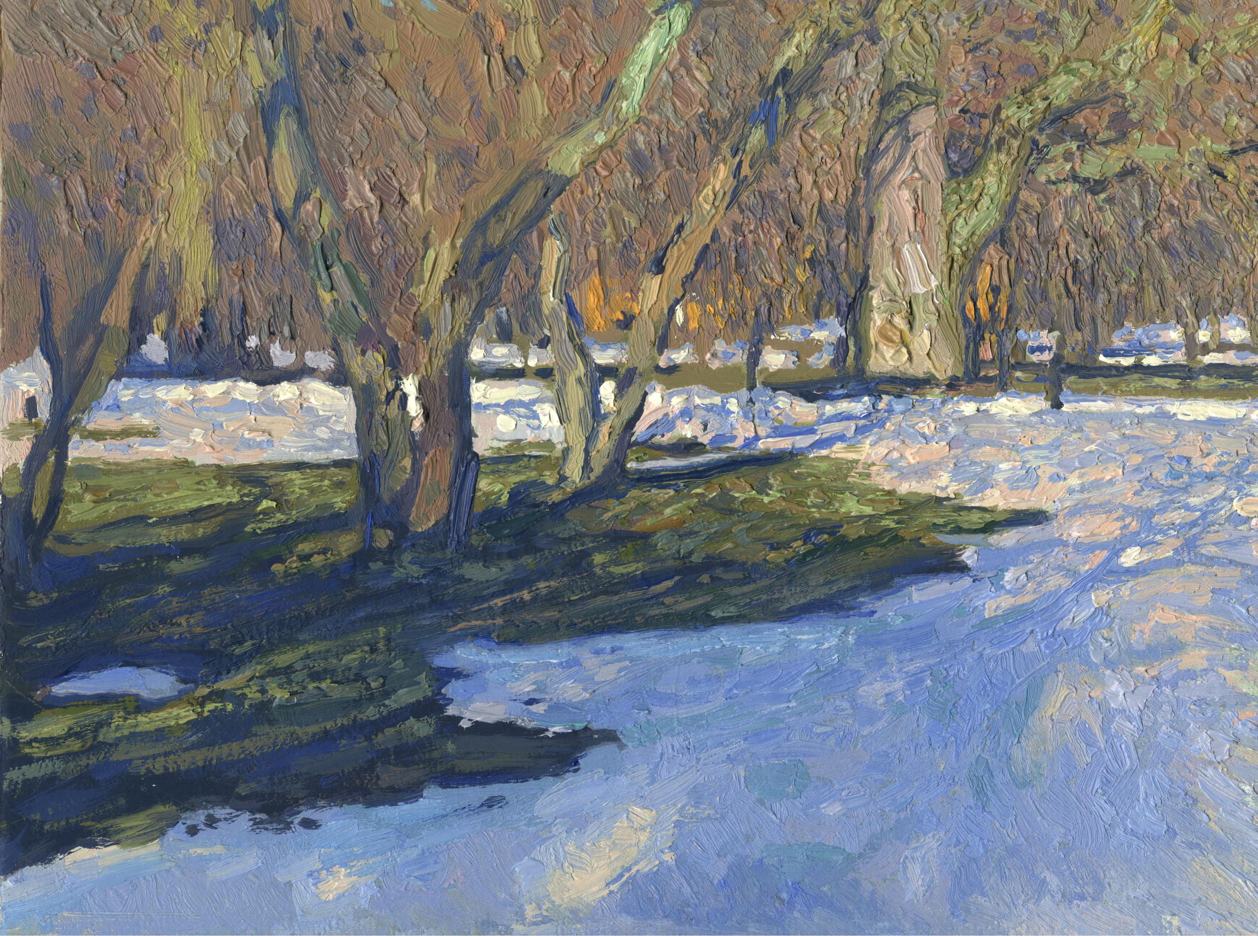Última nevada en Kolomenskoye. Marzo - Landscape Painting Gris de Simon Kozhin