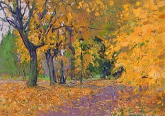 Maple alley in Tsaritsyno park. October. Oil Impressionist painting with trees