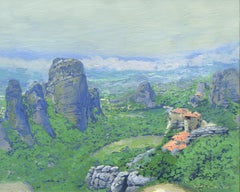 Meteors: Landscape Painting of Rusanu Monastery, Oil on wood