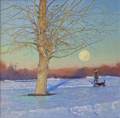 Moonlight Walk Painting: Winter Landscape, Oil on Canvas, 40x40 cm