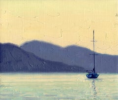 Mattina: Pittura paesaggistica di uno yacht solitario, colori a pastello, New