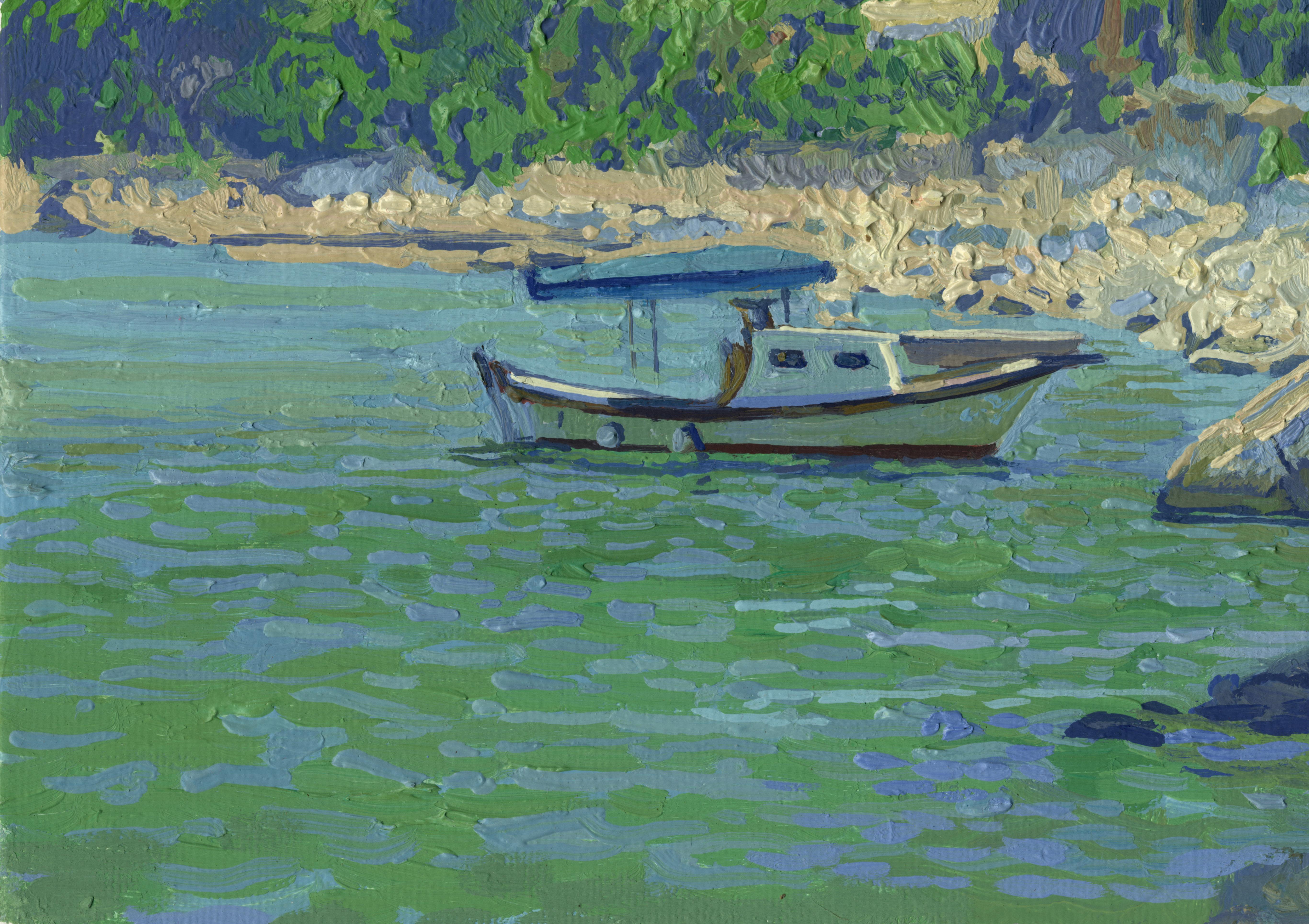 Moving Light. Turunc - Gray Landscape Painting by Simon Kozhin