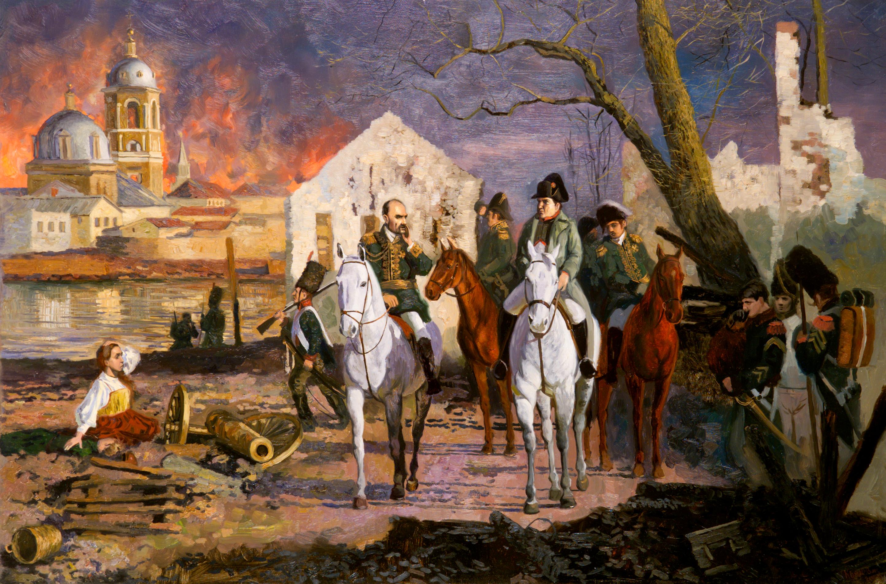 Simon Kozhin Figurative Painting - Napoleon Bonaparte was in burning Moscow. 1812