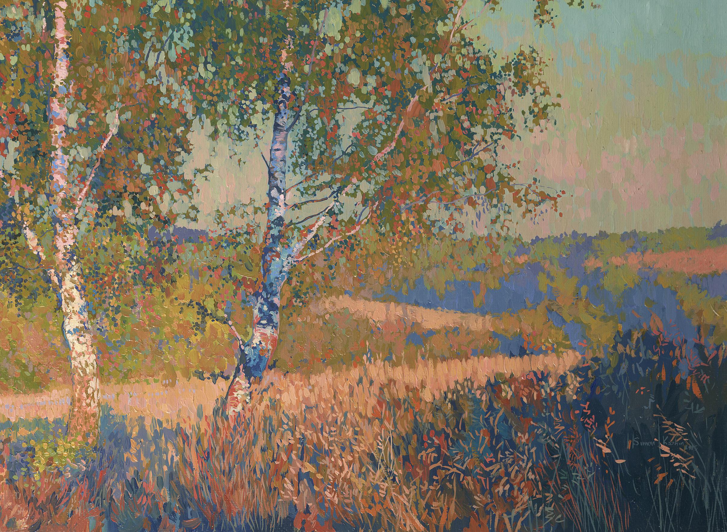 In crafting this piece, I sought to capture the serene majesty of nature, rendered through the impressionistic play of light and shadow. The birch trees stand as sentinels over the soft, undulating landscape, their leaves whispering tales of quiet