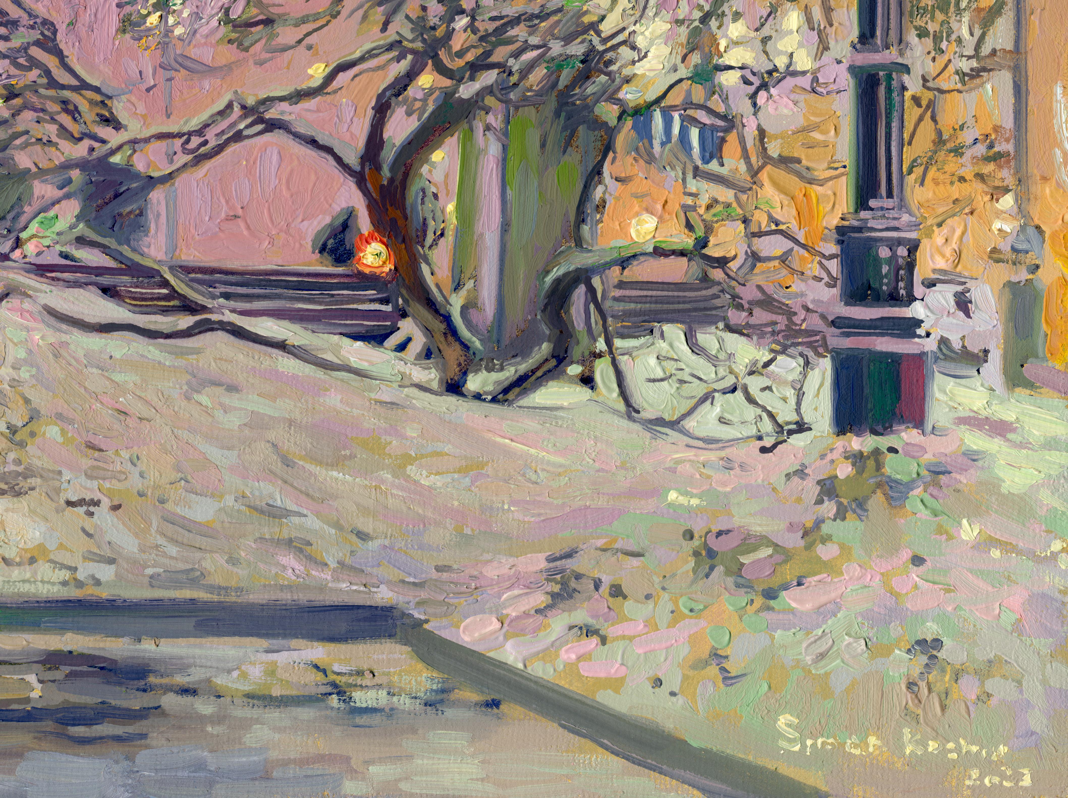 Albero di Capodanno sul viale Tverskoy - Landscape Painting Marrone di Simon Kozhin