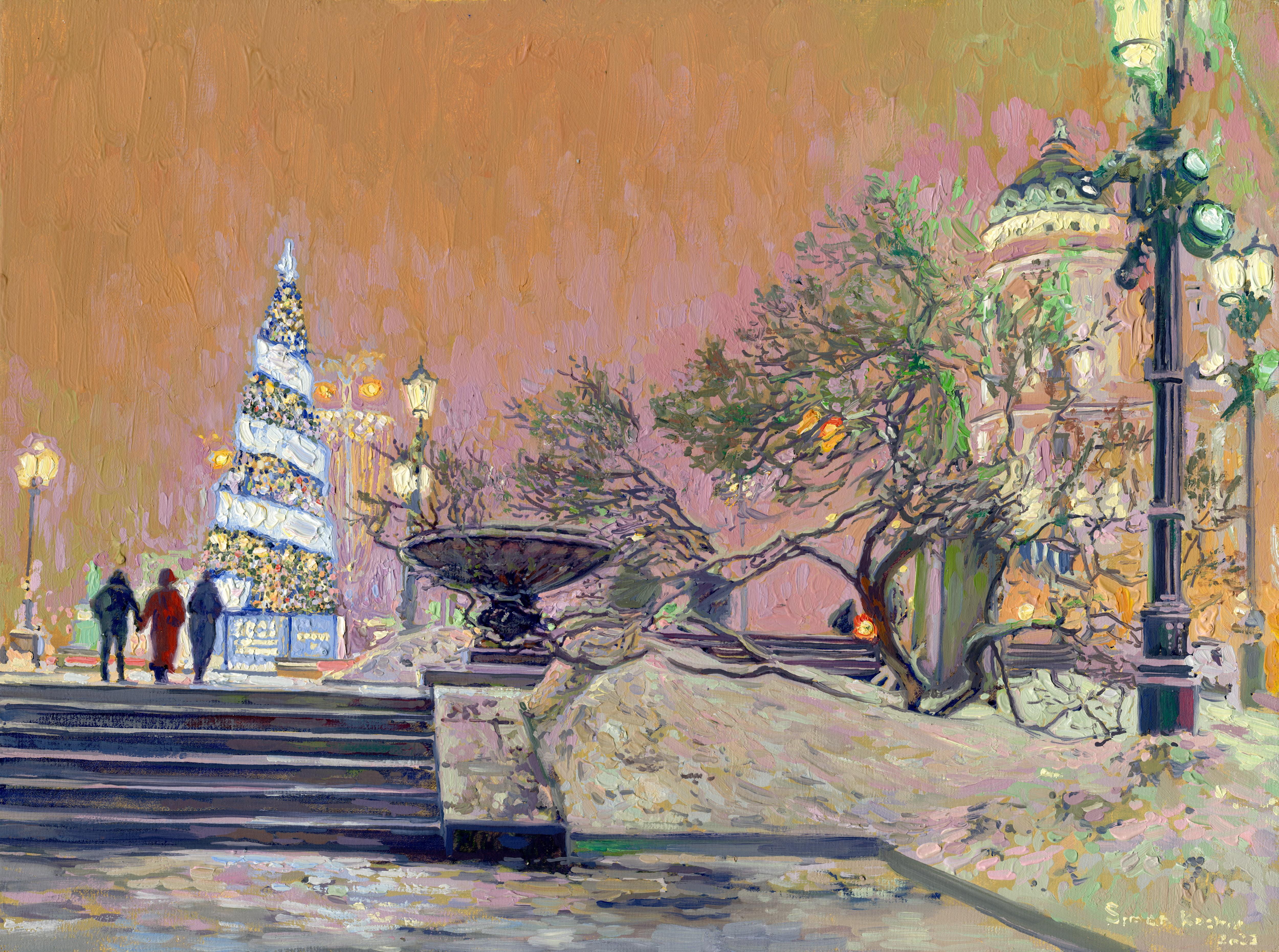 Landscape Painting di Simon Kozhin - Albero di Capodanno sul viale Tverskoy