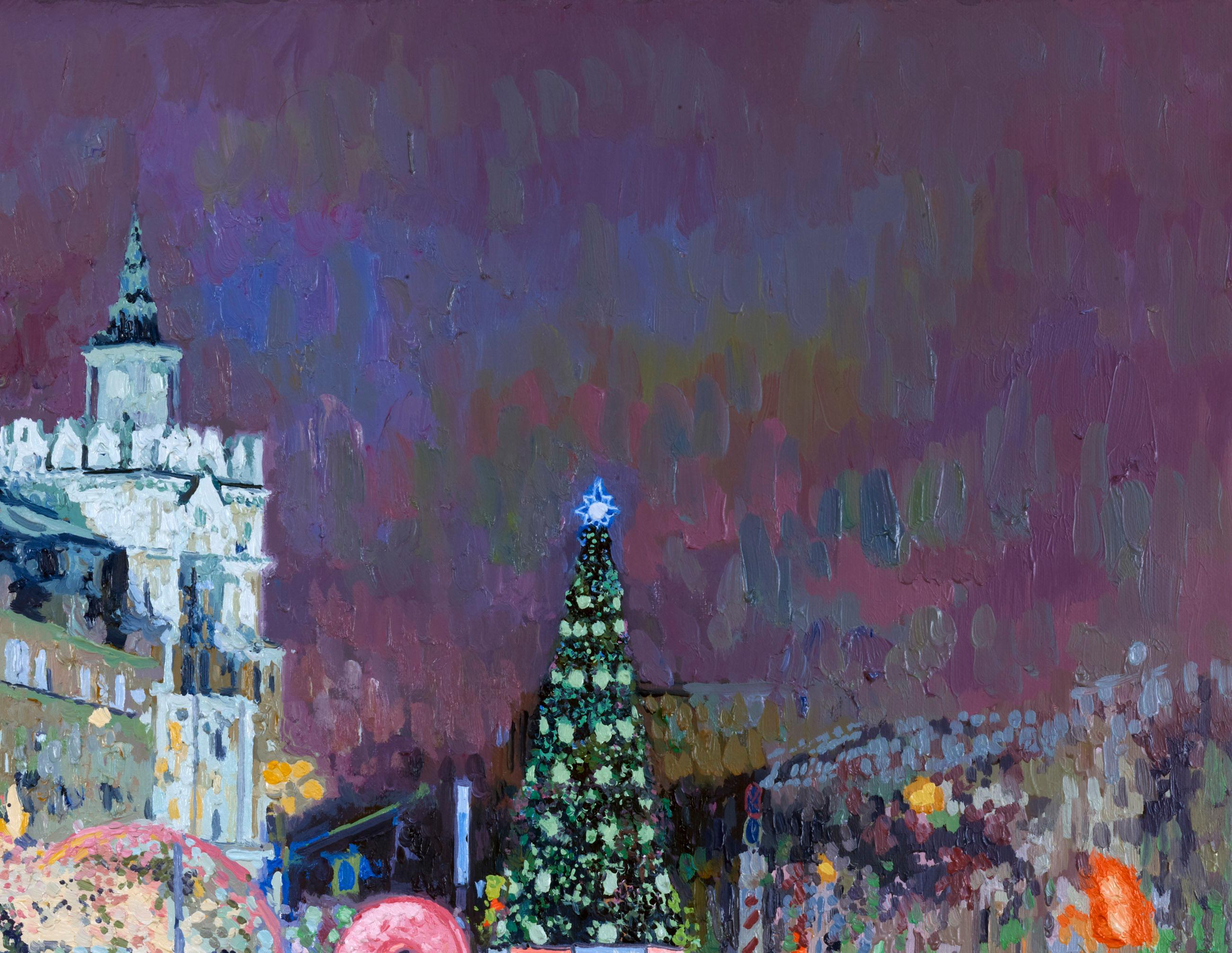 New Year. Turgenevskaya square - Gray Landscape Painting by Simon Kozhin