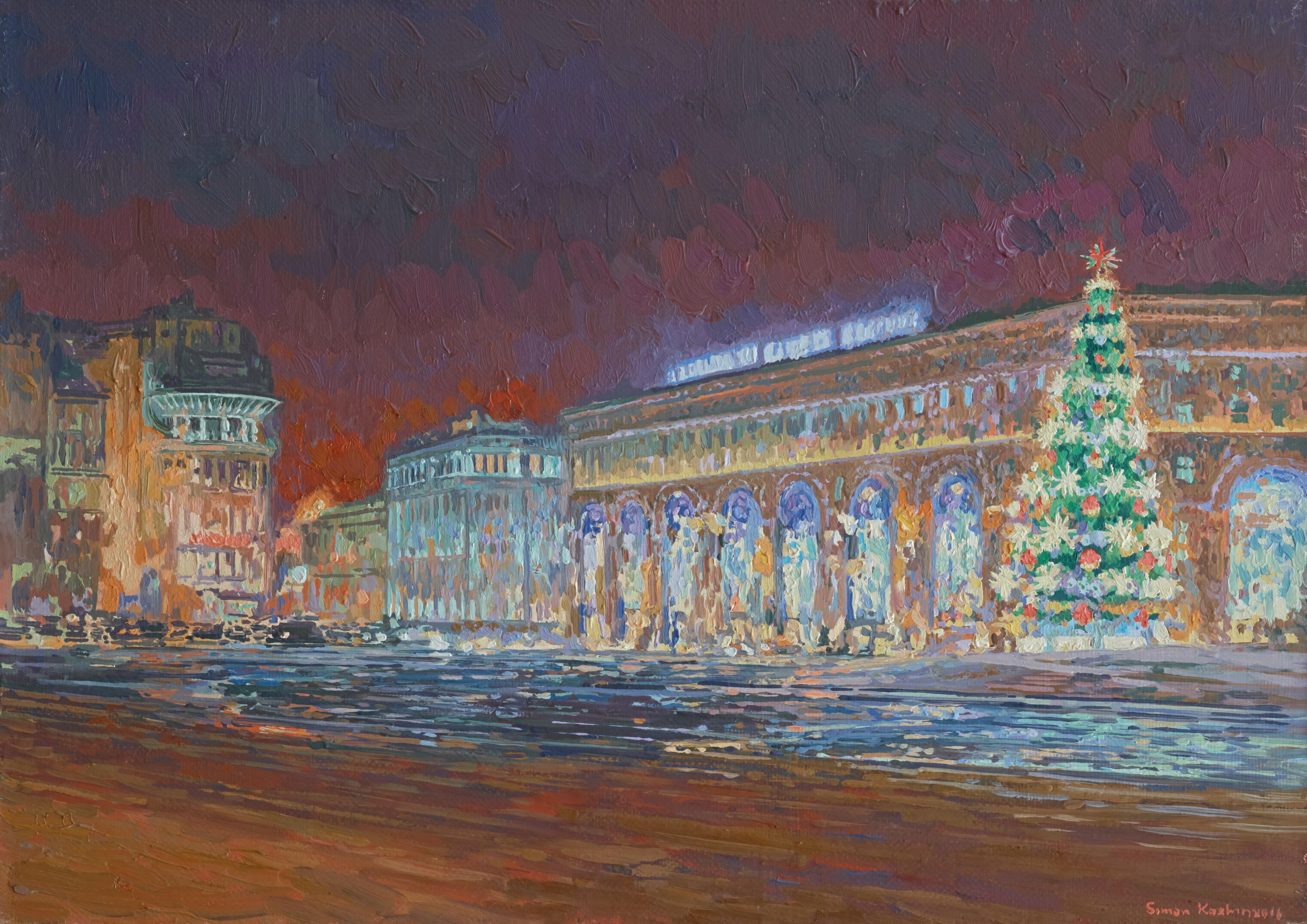New Year's Eve. View of the Detsky Mir store, Painting, 2016, 35x50 cm
