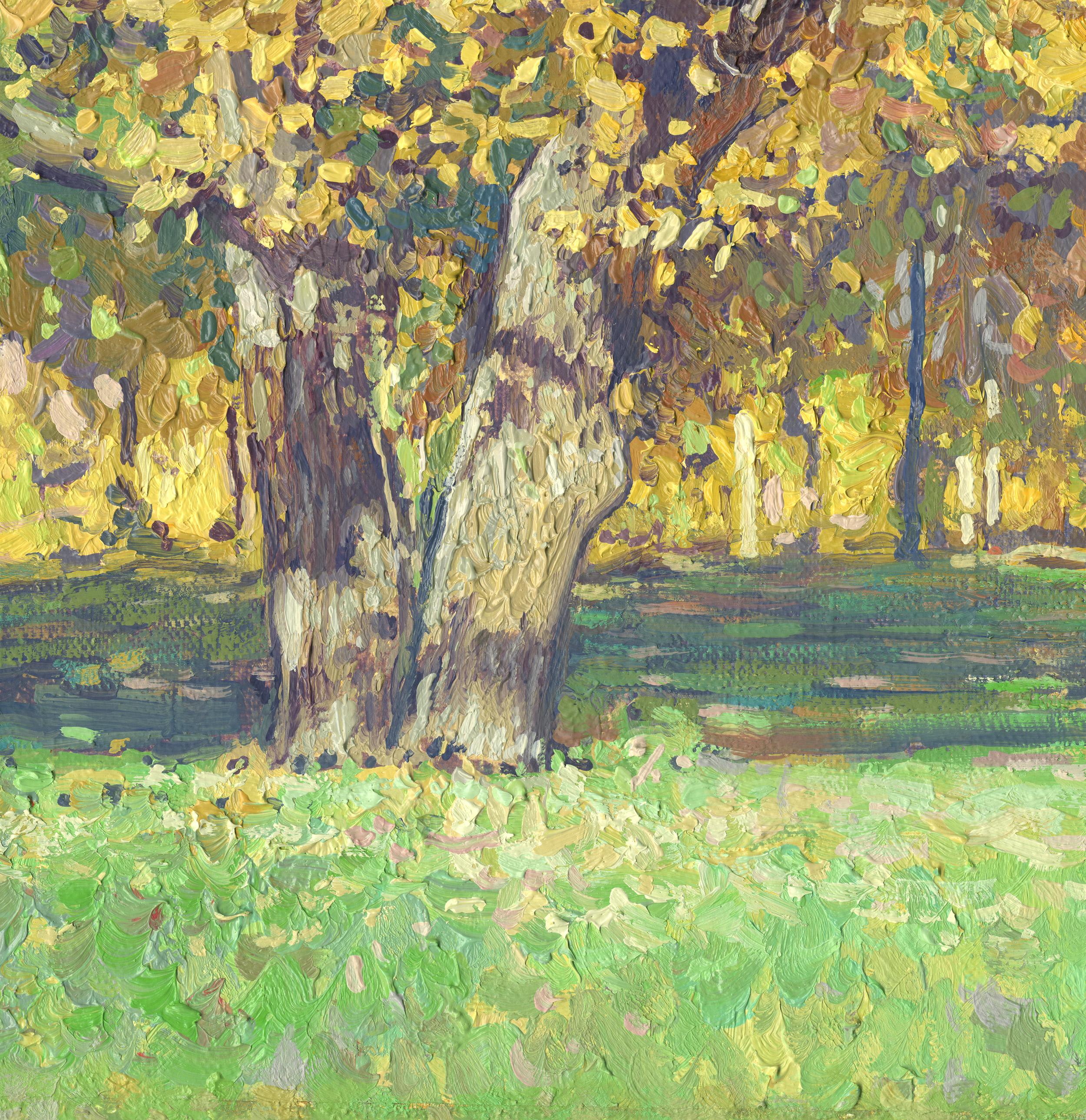 Oak tree in Tsaritsyno in October - Brown Landscape Painting by Simon Kozhin