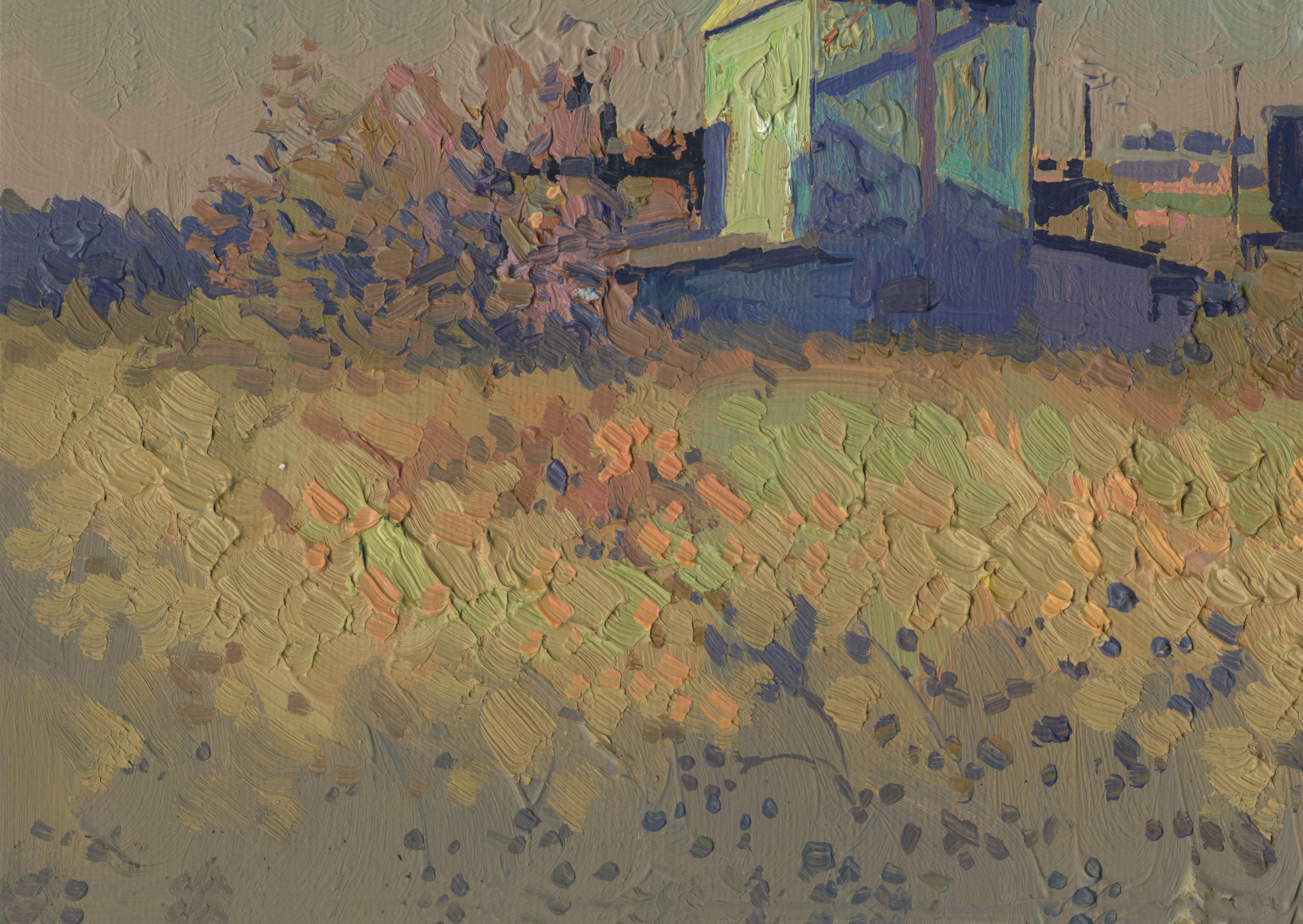 Serata di ottobre alla fattoria - Landscape Painting Grigio di Simon Kozhin