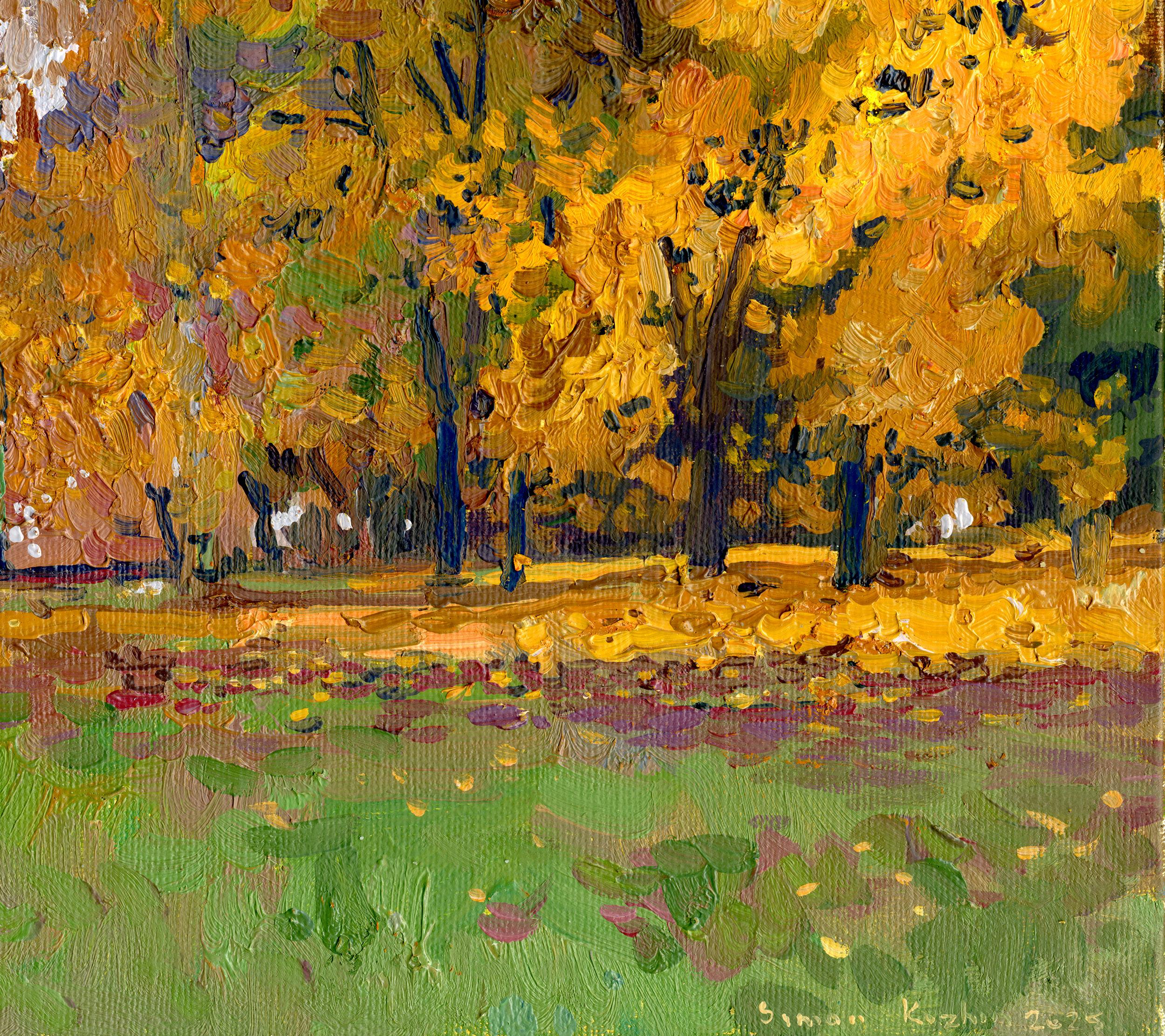 Cette œuvre d'art enchanteresse capture de manière saisissante une scène automnale, mettant en scène une église rustique en bois, St. George, dans le parc de Kolomenskoye, sur fond de feuillage doré. L'architecture complexe de Church's, remarquable