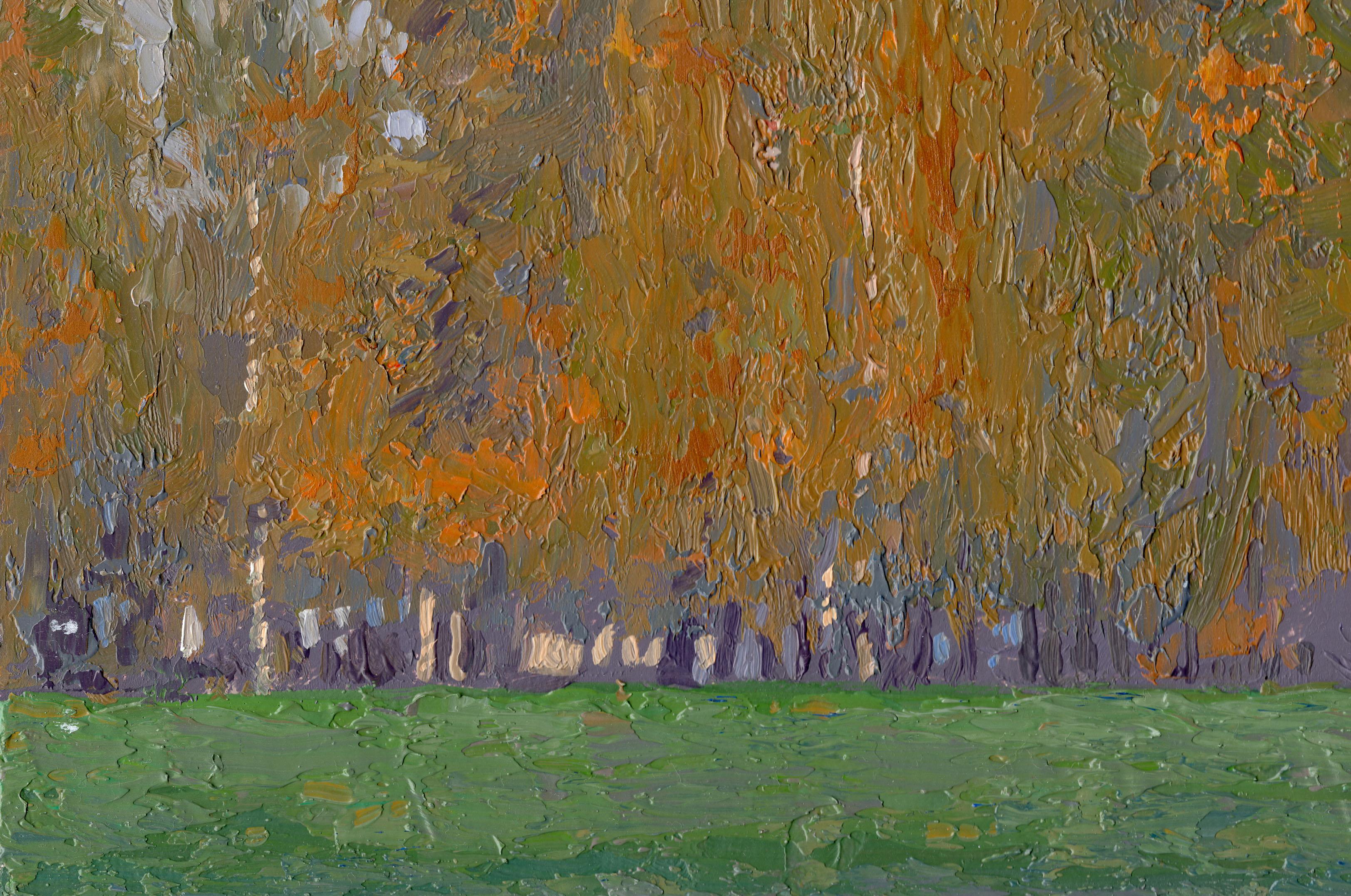 Ottobre. Parco di Chamzinka - Landscape Painting Marrone di Simon Kozhin