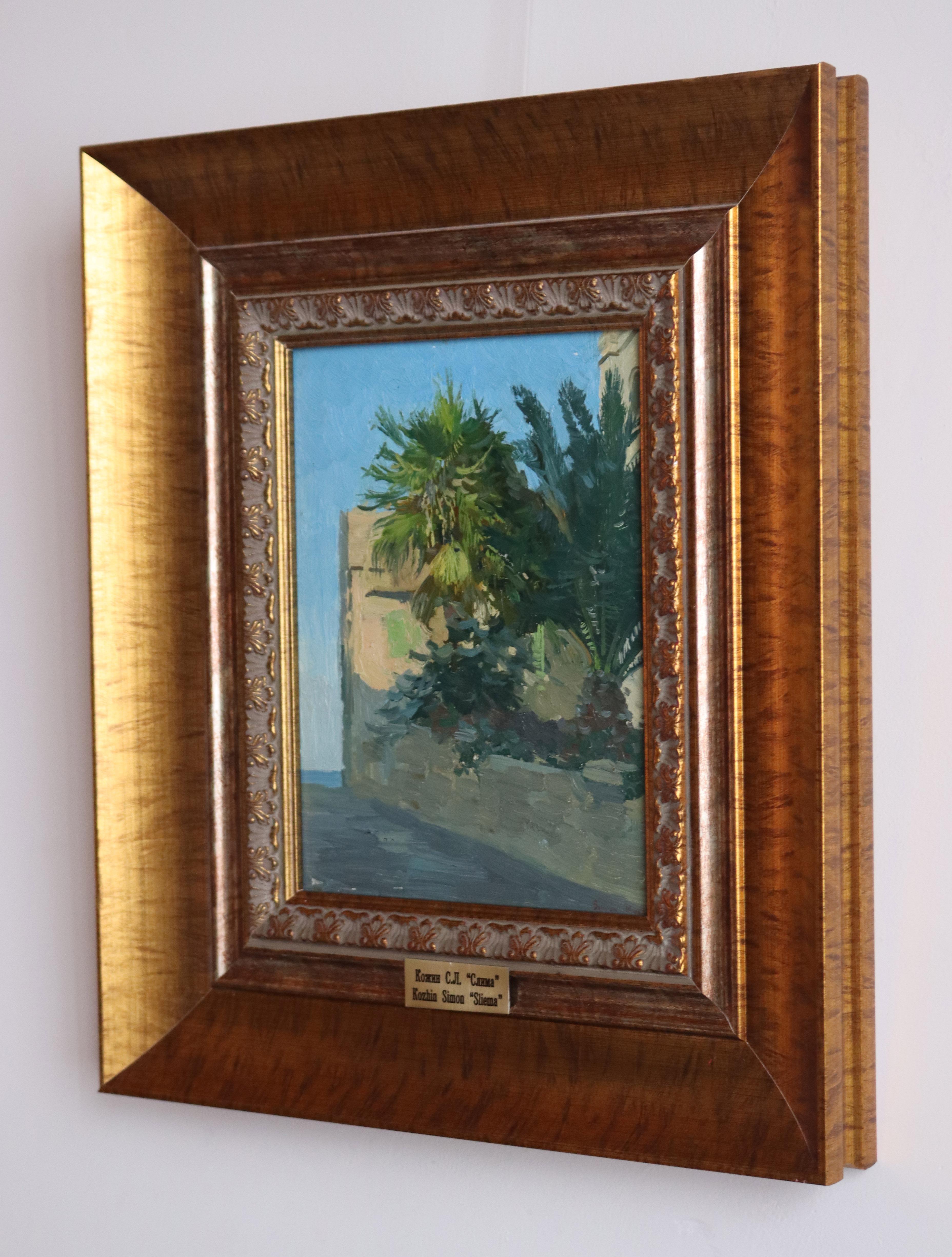 Palm trees. Sliema - Gray Landscape Painting by Simon Kozhin
