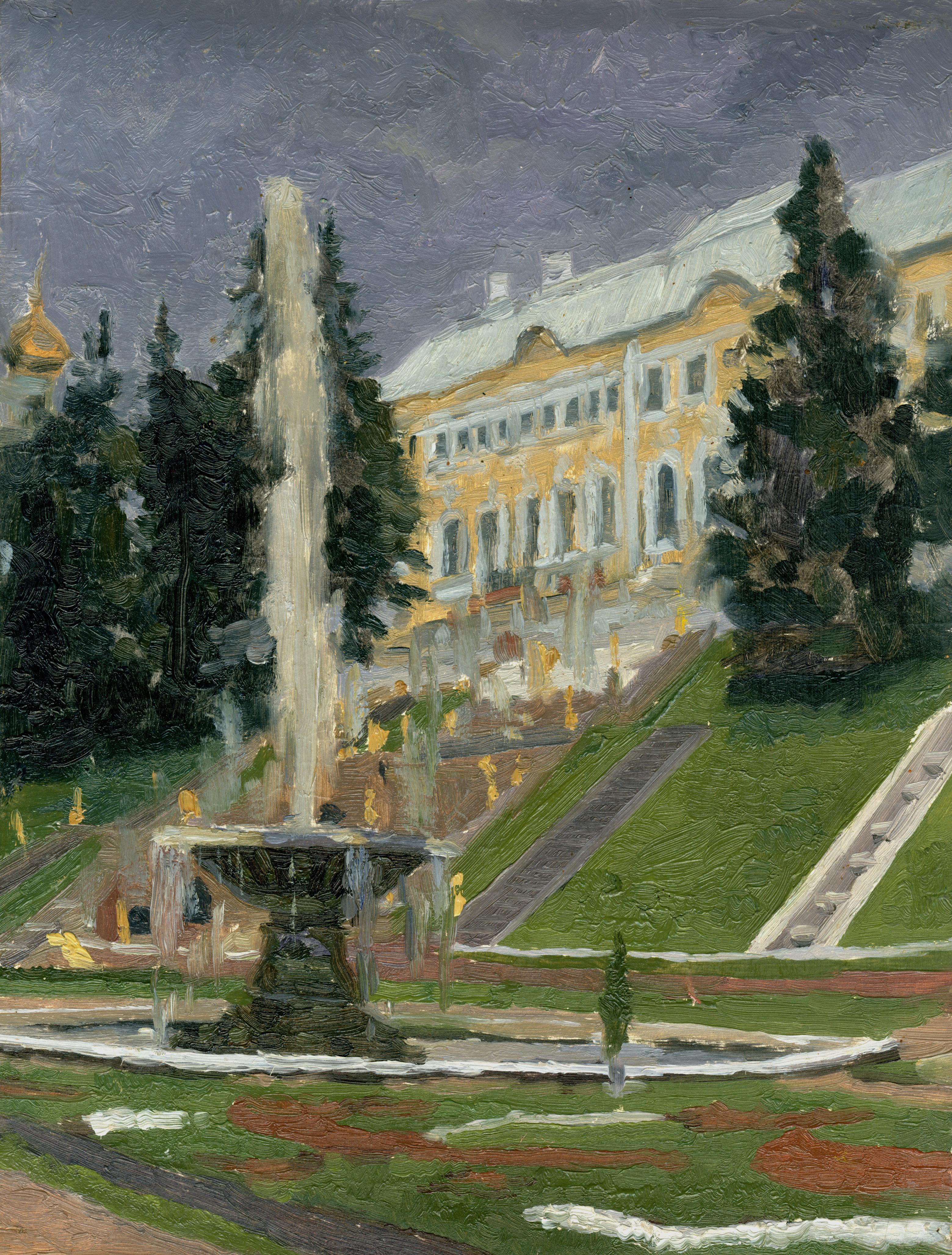 Landscape Painting di Simon Kozhin - Peterhof. Fontana