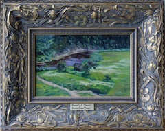 Pinega. Bathhouse by the river, Impressionist painting. 2001, Oil on board, New