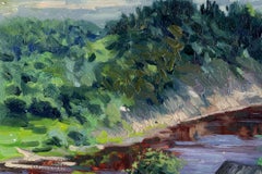 Pinega. Bathhouse by the river, Impressionist painting. 2001, Oil on board, New
