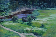 Pinega. Bathhouse by the river, Impressionist painting. 2001, Oil on board, New