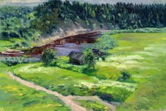Pinega. Bathhouse by the river, Impressionist painting. 2001, Oil on board, New