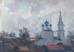 Pushkino, Quadro impressionista, Olio su cartone, 20 х 28 см, Incorniciato, Nuovo