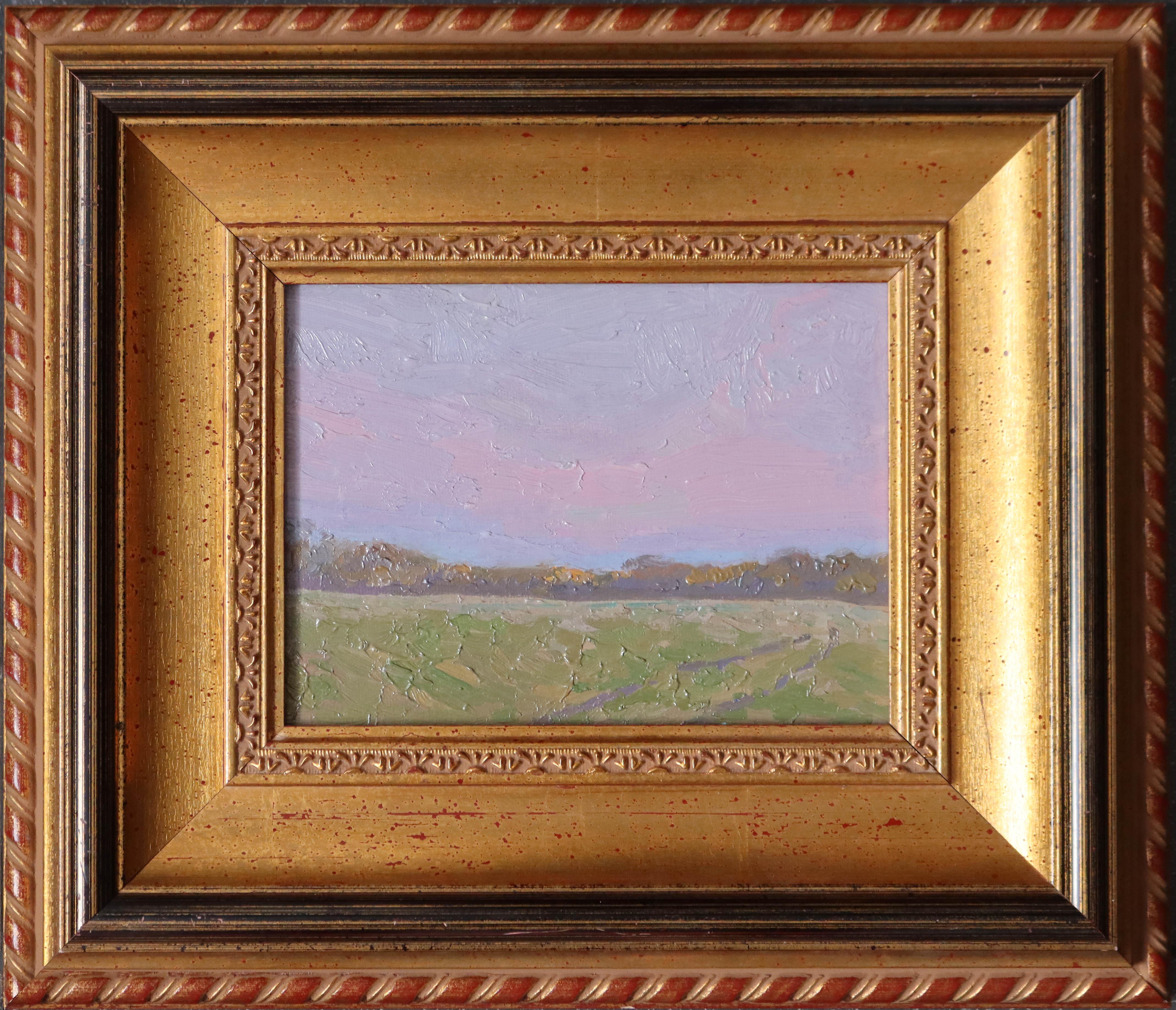 In this artwork, I've captured the serene twilight moment, as the day gives way to evening. Using impressionist strokes, I've emphasized the gentle merging of purples and pinks in the sky with the earthy greens and yellows of the field below. This