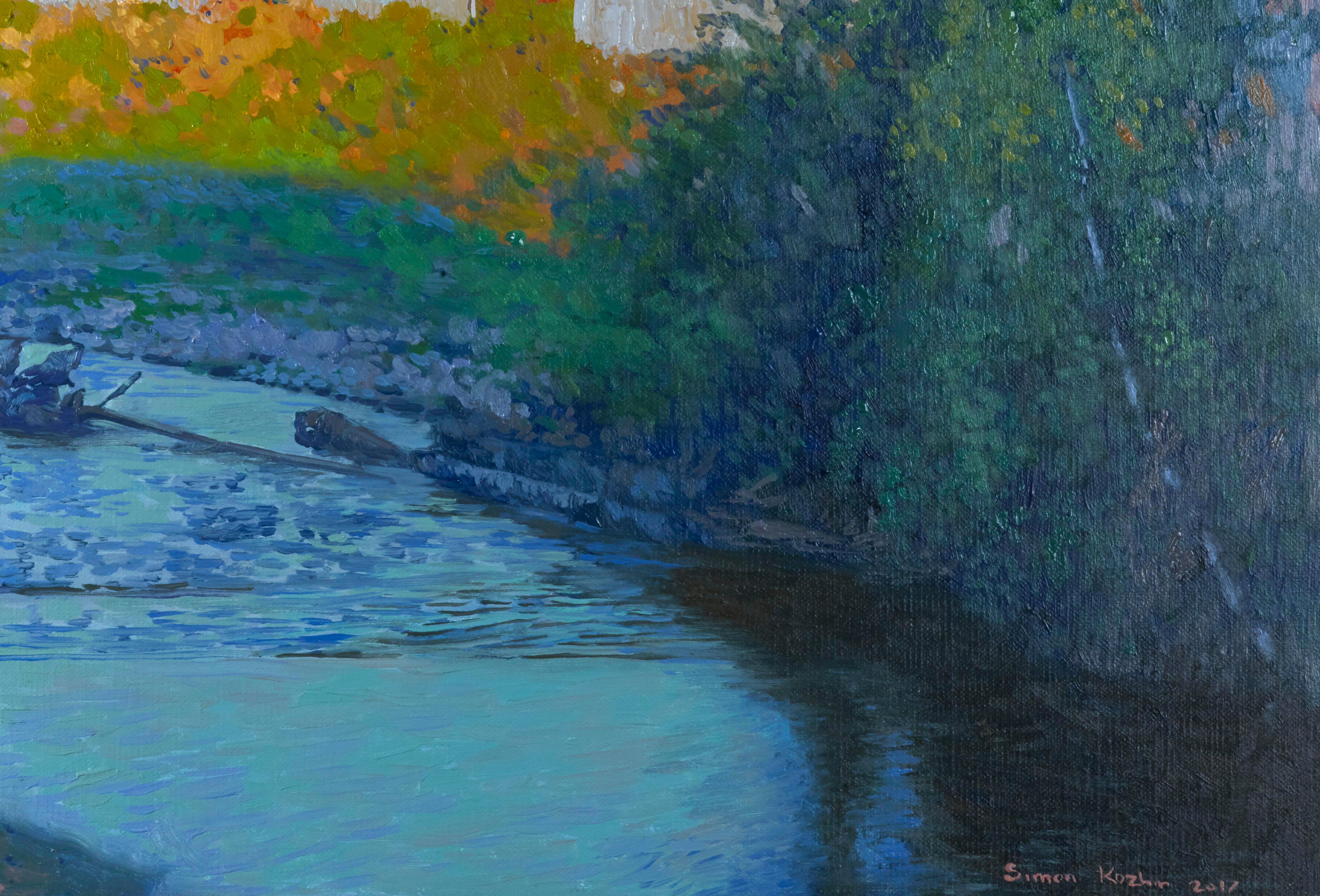Soirée tranquille. La rivière Kynok. - Bleu Landscape Painting par Simon Kozhin