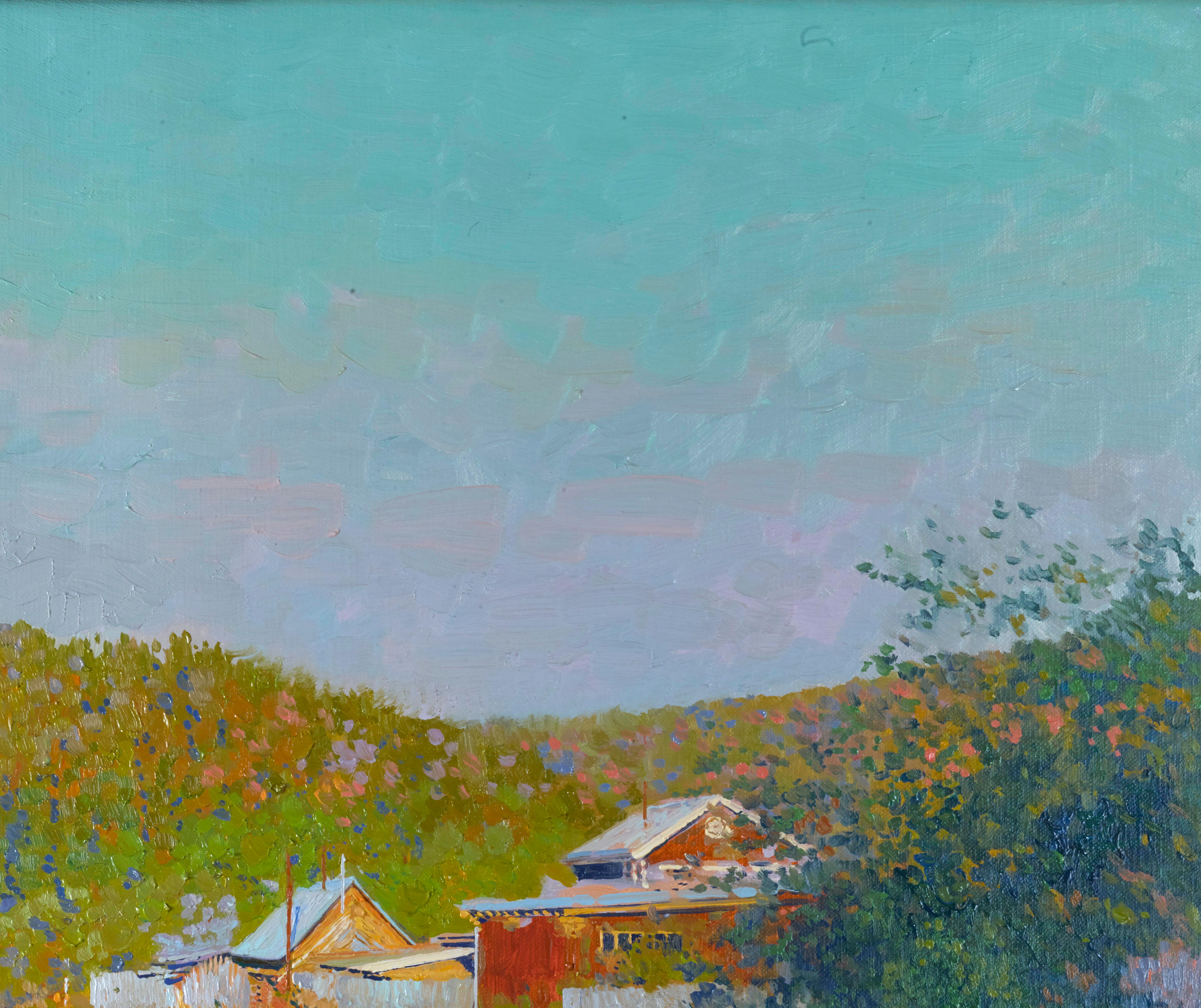 Dans cette peinture, j'ai cherché à capturer l'étreinte sereine de la transition de la nature vers le soir. Par des coups de pinceau pommelés et une palette harmonieuse de verts et de bleus contrastant avec des tons chauds de la terre, j'ai dépeint