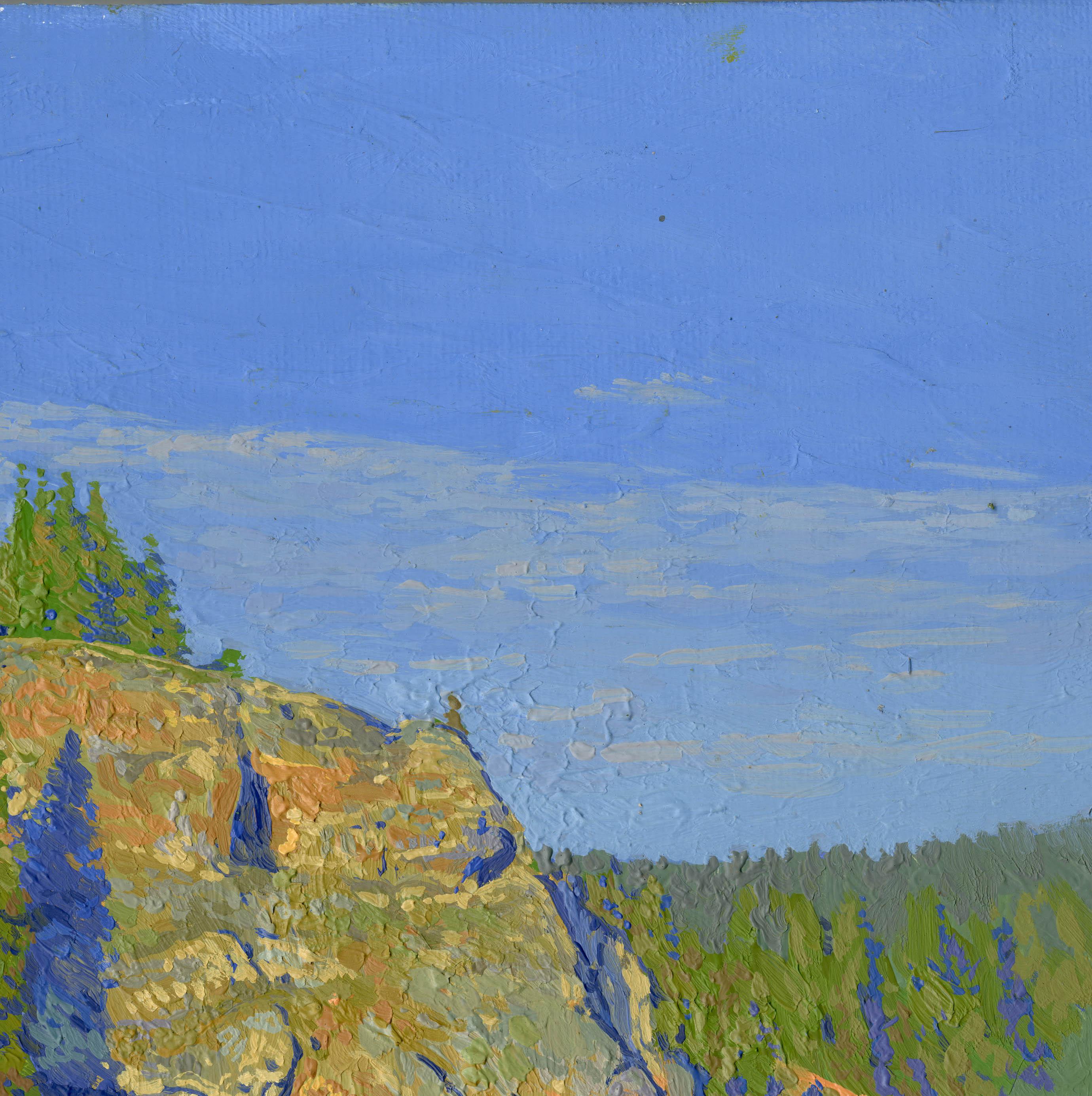 Rocky shores. Chusovaya River. Golden sunset - Gray Landscape Painting by Simon Kozhin