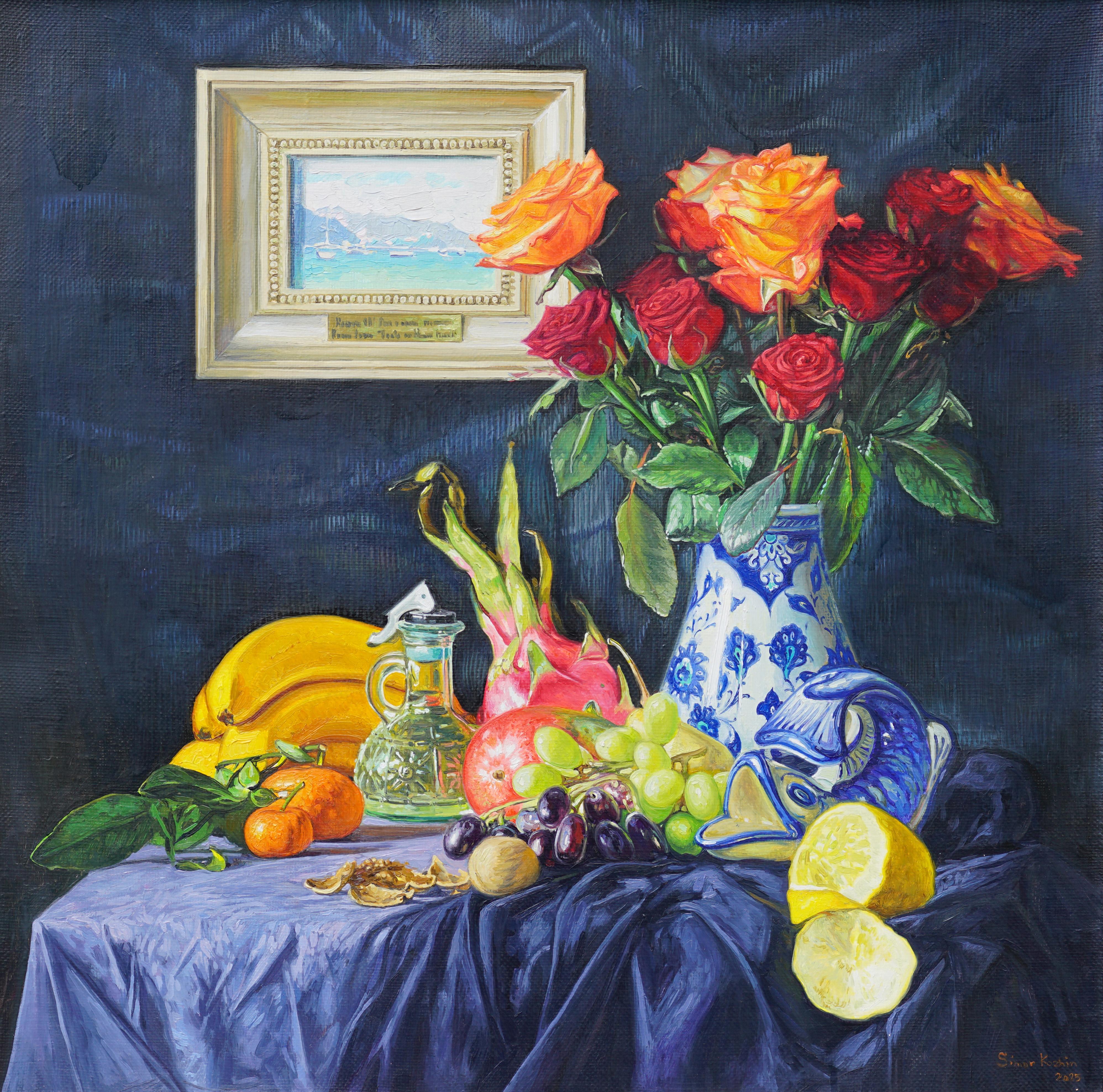 Roses in a Ceramic Vase Still Life Painting, Oil on Canvas, 70x70 cm