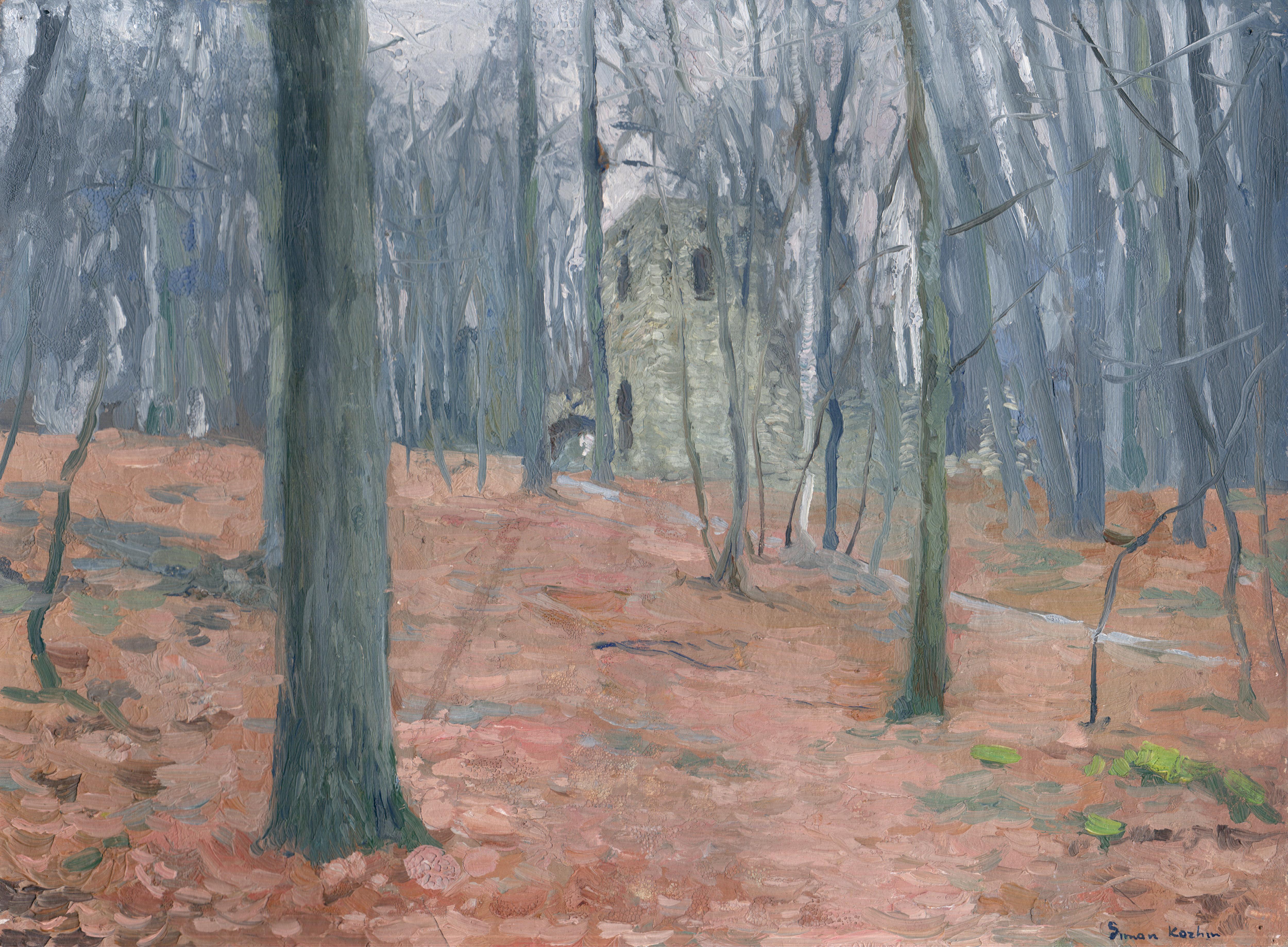 Landscape Painting di Simon Kozhin - Rovine a Tsaritsyno Quadro, Olio su tela, Paesaggio tardo autunnale
