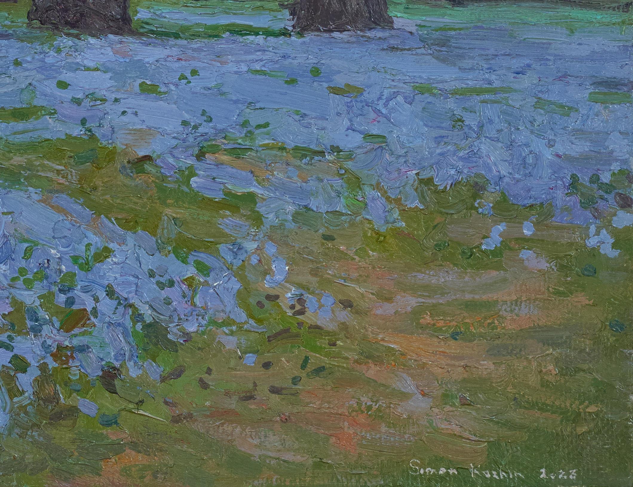 In questo dipinto a olio ho cercato di catturare la transizione serena ed effimera dall'inverno alla primavera. La pennellata, influenzata dall'impressionismo con un tocco di realismo, danza sulla tela, tessendo un arazzo lussureggiante di terra che
