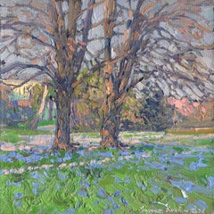 Scilla Lucilii Painting, Impressionistic Landscape, Signed, 20x20 cm