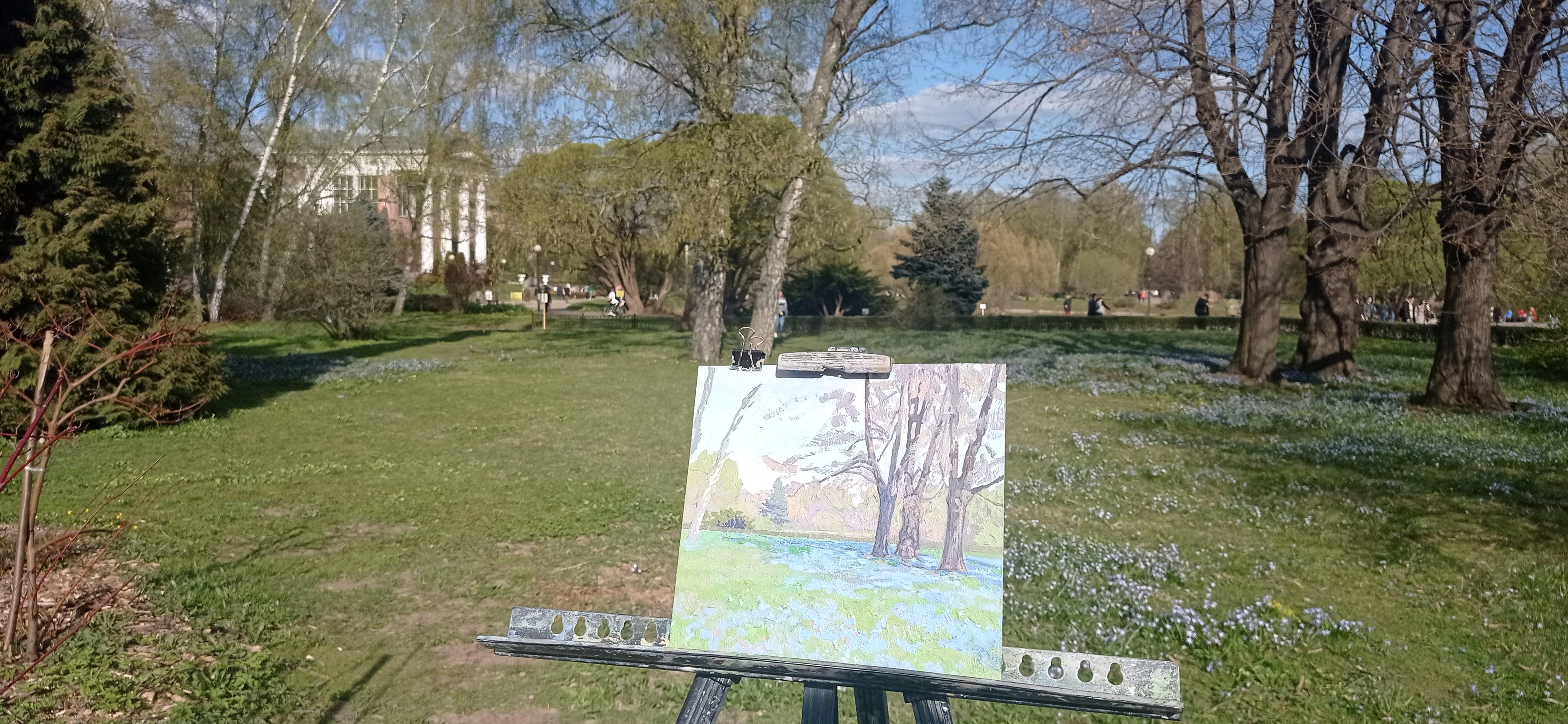 Scilla of Lucilia. Botanical Garden. Oil painting Plein Air Landscape with Trees For Sale 6