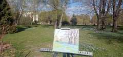 Scilla von Lucilia. Botanischer Garten. Ölgemälde Pleinair-Landschaft mit Bäumen