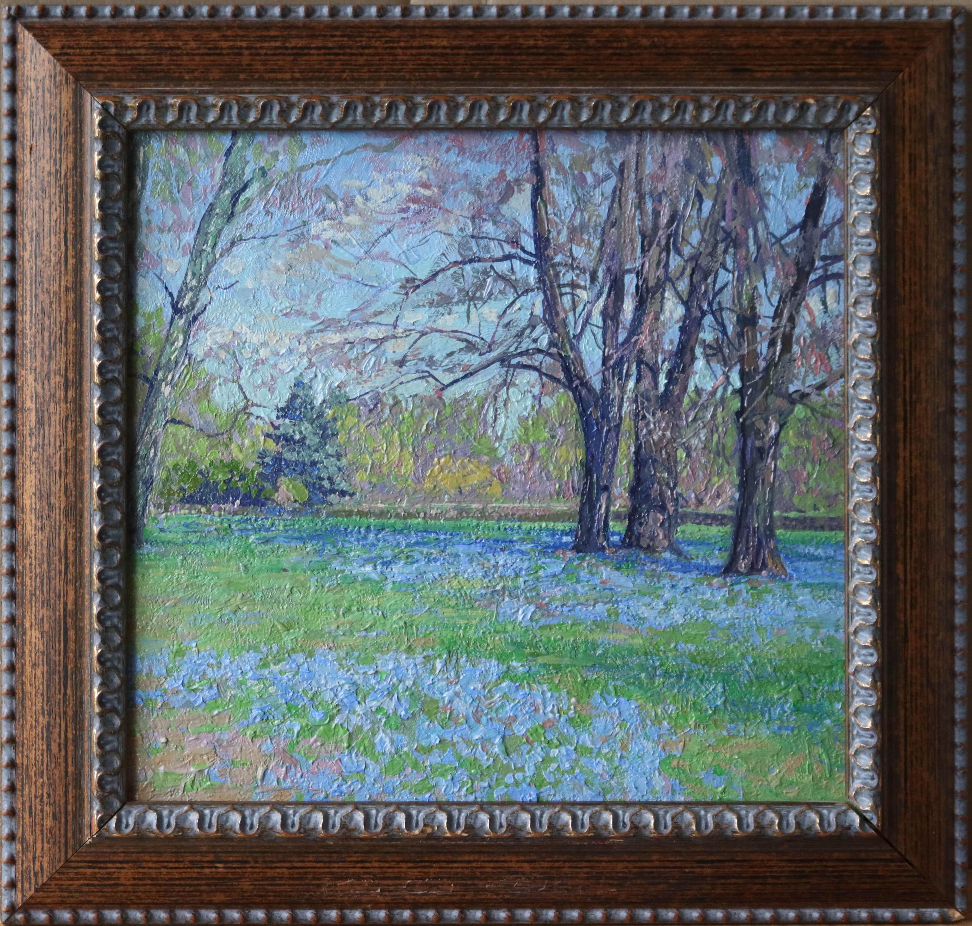 Scilla of Lucilia. Botanical Garden. Oil painting Plein Air Landscape with Trees - Painting by Simon Kozhin