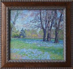 Scilla of Lucilia. Botanical Garden. Oil painting Plein Air Landscape with Trees