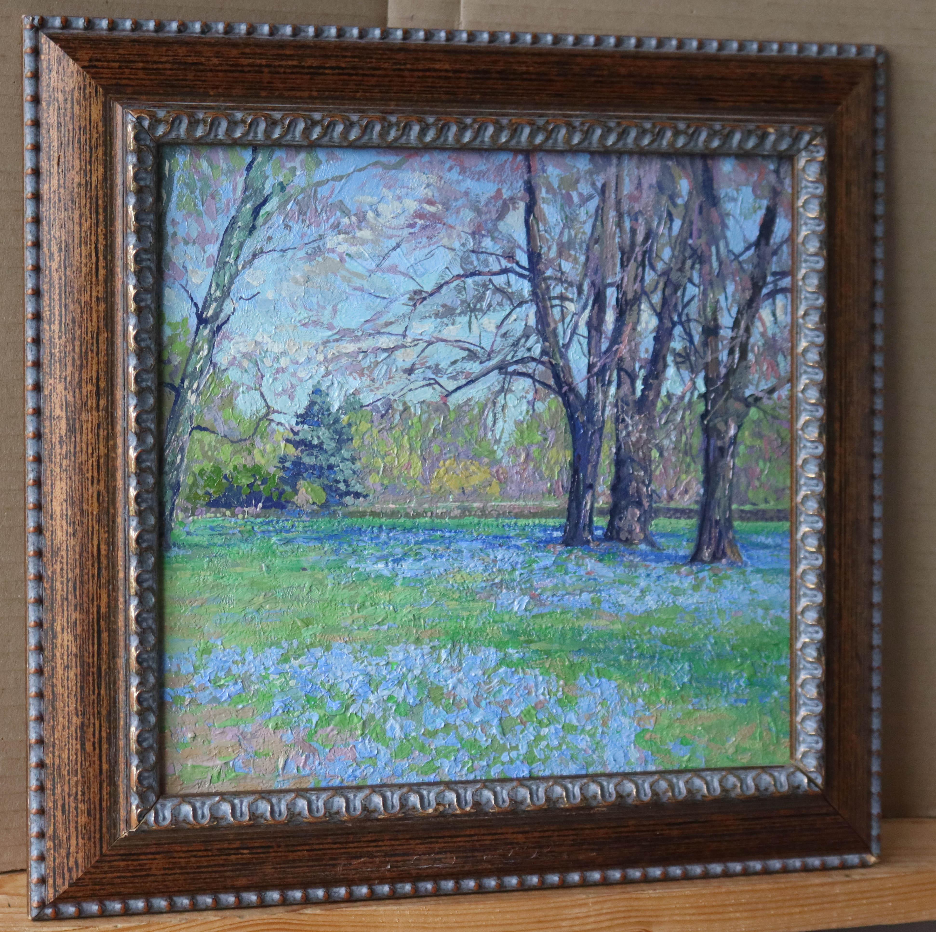 Scilla of Lucilia. Botanical Garden. Oil painting Plein Air Landscape with Trees - Impressionist Painting by Simon Kozhin