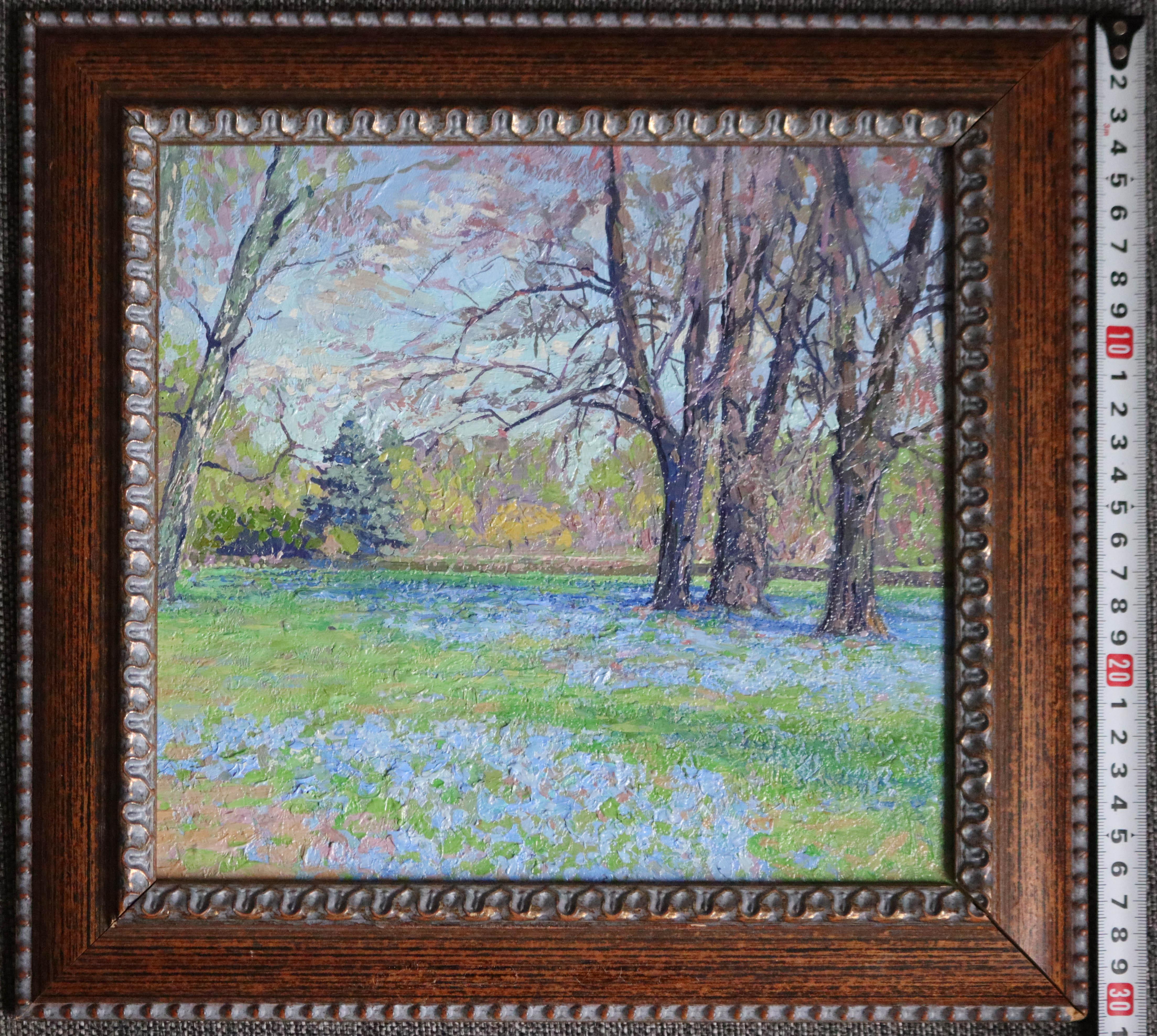 Scilla of Lucilia. Botanical Garden. Oil painting Plein Air Landscape with Trees For Sale 2