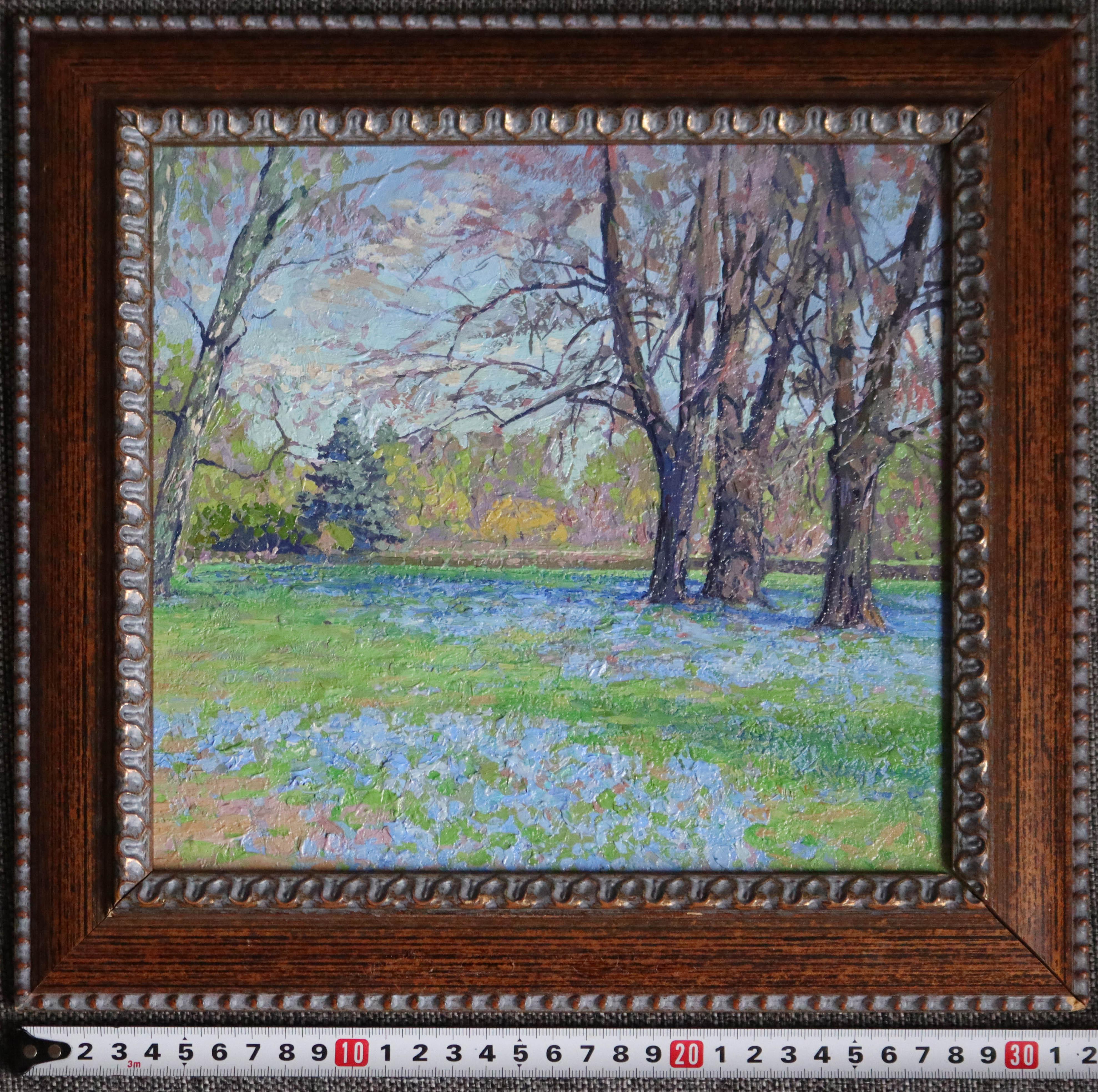 Scilla of Lucilia. Botanical Garden. Oil painting Plein Air Landscape with Trees For Sale 3