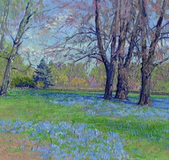 Scilla of Lucilia. Botanical Garden. Oil painting Plein Air Landscape with Trees
