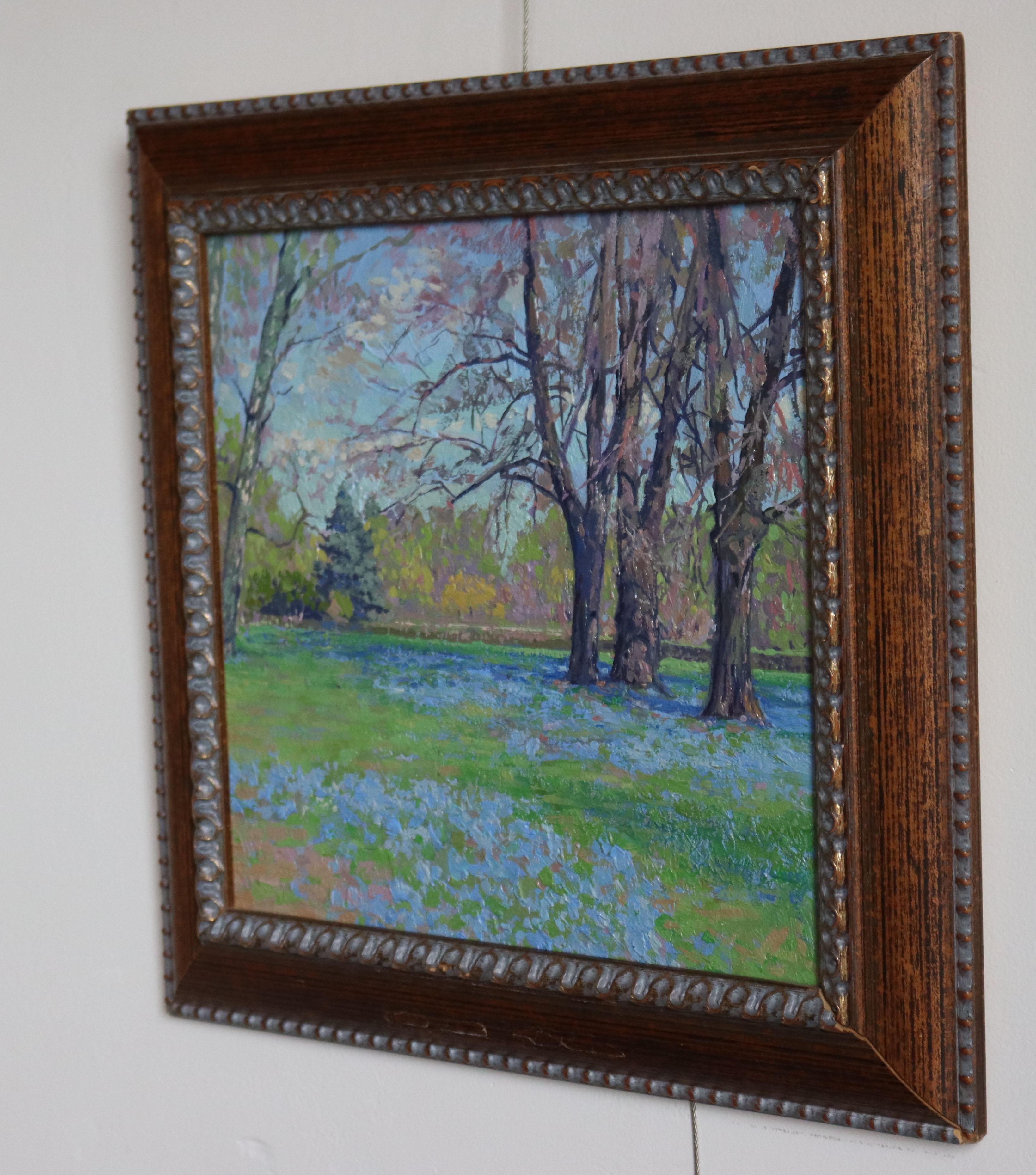 Scilla of Lucilia. Botanical Garden. Oil painting Plein Air Landscape with Trees For Sale 7